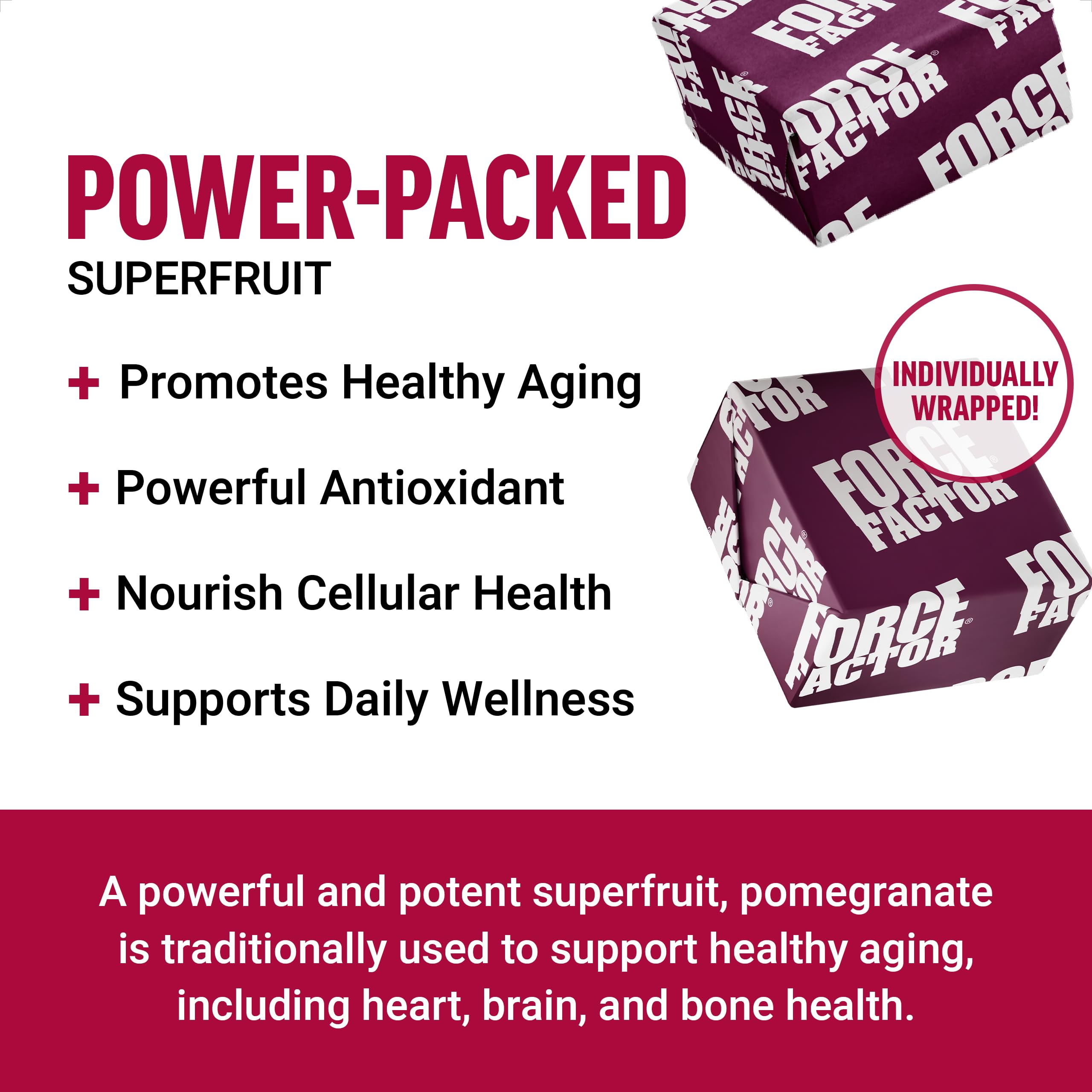 Force Factor Pomegranate Soft Chews close-up highlights flavorful texture for daily enjoyment