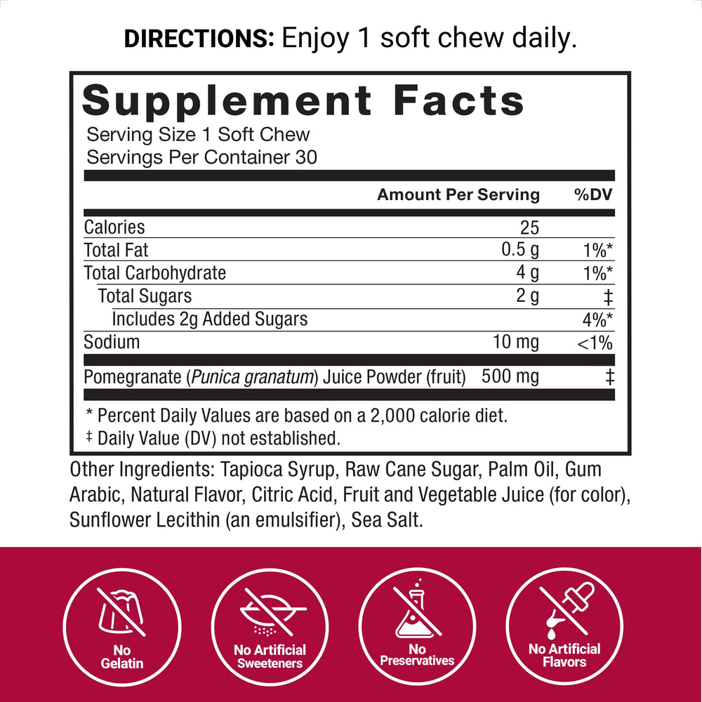 Force Factor Pomegranate Soft Chews ingredients panel emphasizes premium pomegranate powder