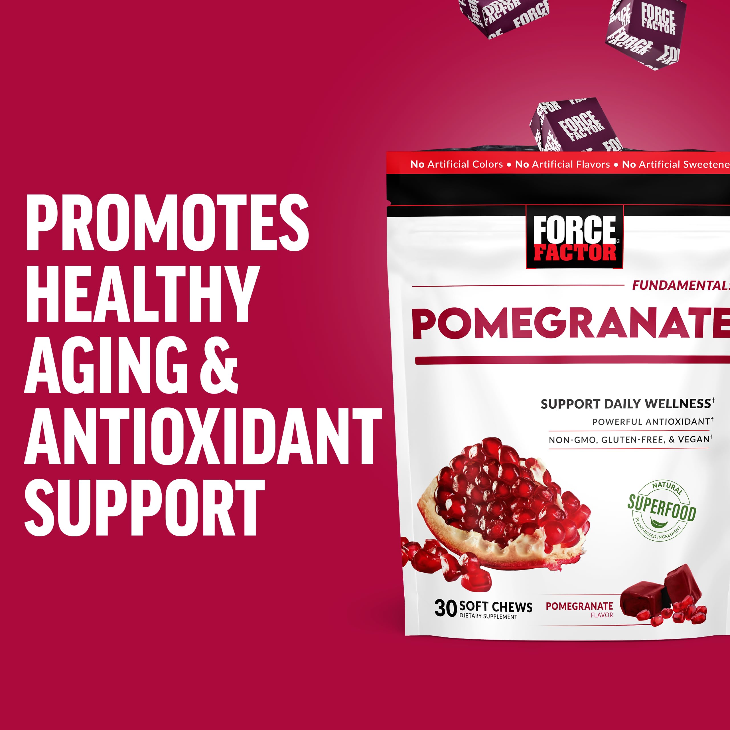 Force Factor Pomegranate Soft Chews nutrition panel shows vitamins and antioxidants