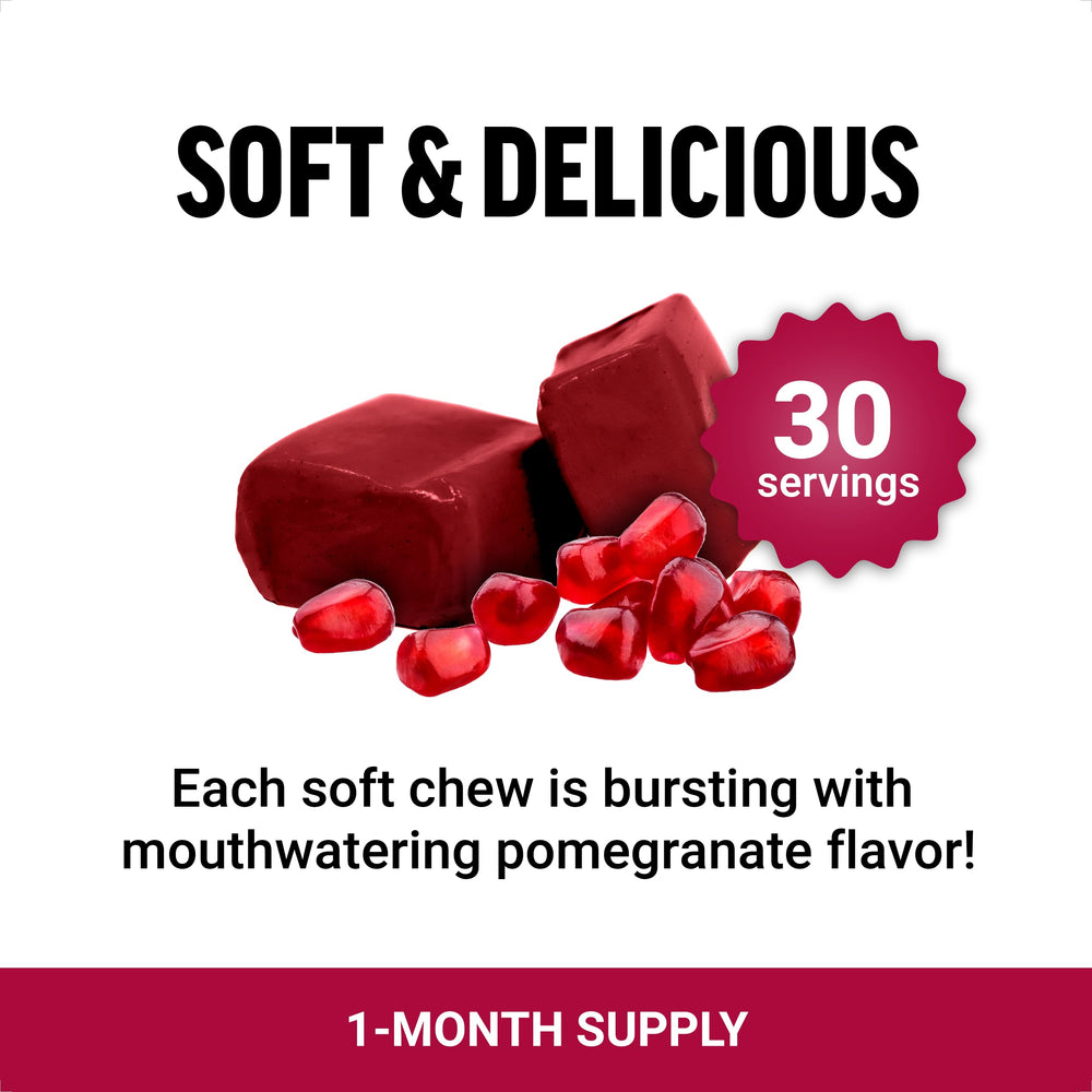 Force Factor Pomegranate Soft Chews packaging box highlights non-GMO vegan promise