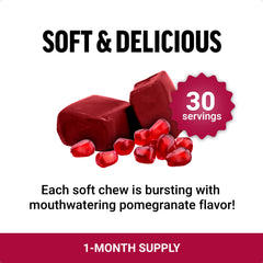 Force Factor Pomegranate Soft Chews packaging box highlights non-GMO vegan promise