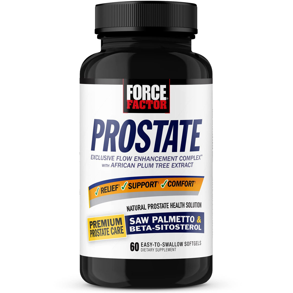 Force Factor Prostate bottle label displaying branding and dosage information.