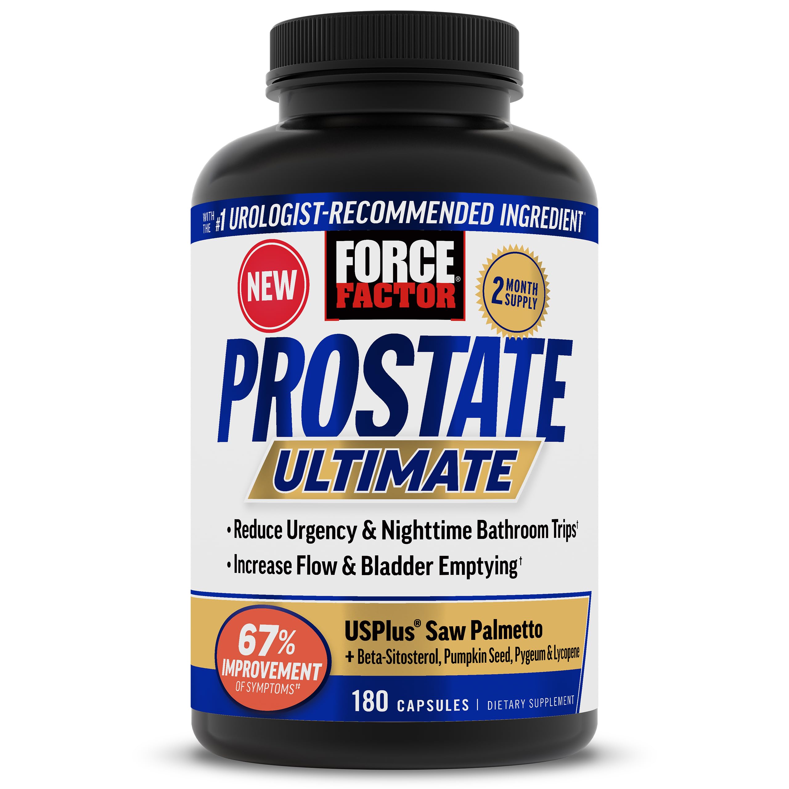 Force Factor Prostate Ultimate bottle front with capsules for daily urinary support.