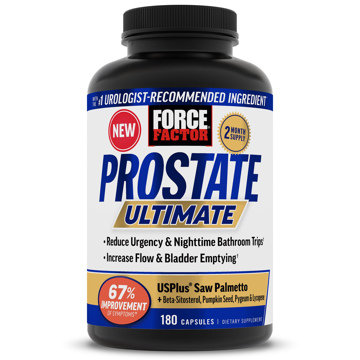 Force Factor Prostate Ultimate bottle front with capsules for daily urinary support.