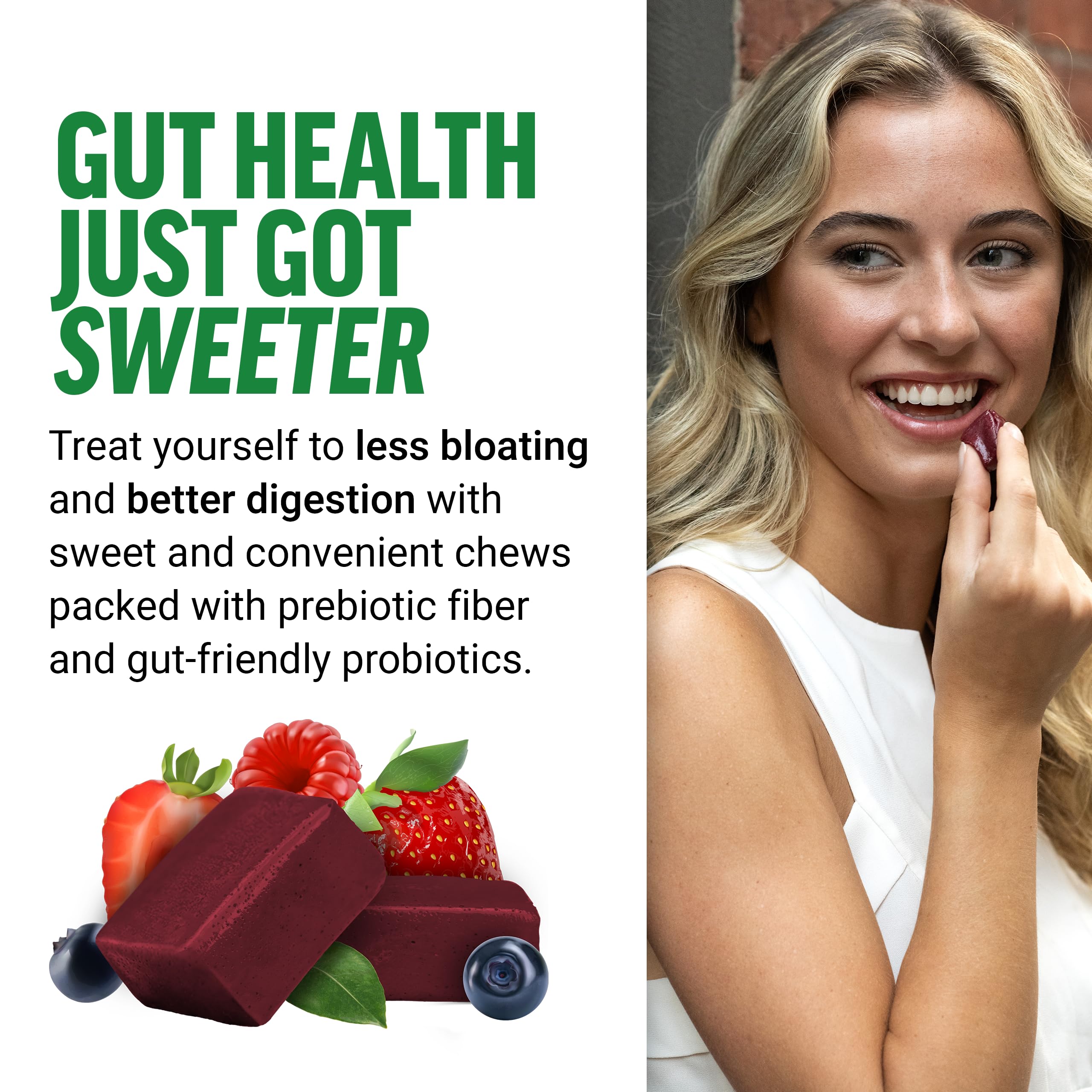 Force Factor Smarter Greens Soft Chews nutrition panel showcases probiotic and fiber content.