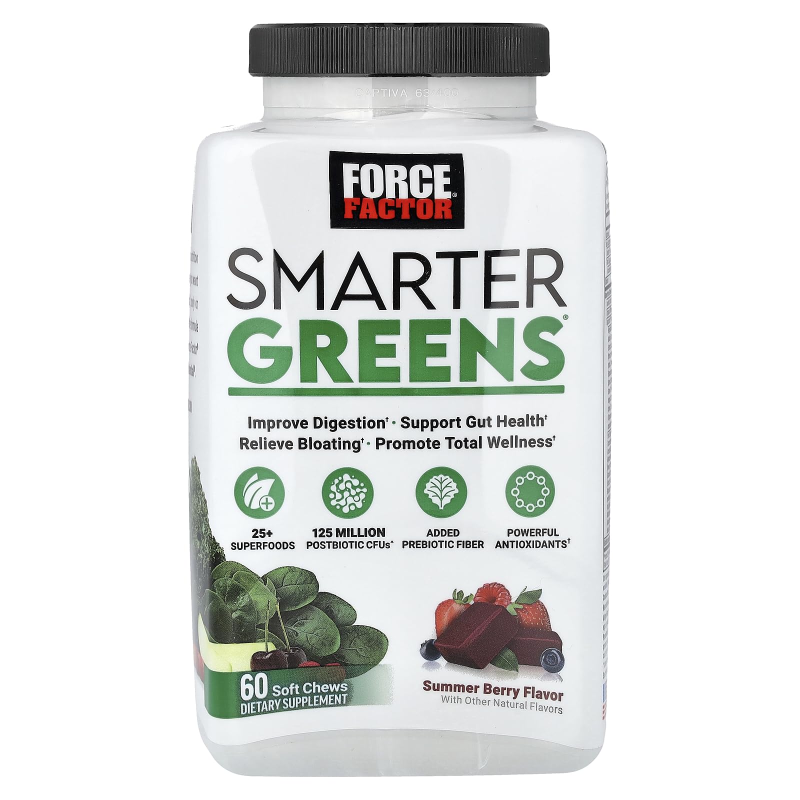 Force Factor Smarter Greens Soft Chews packaging shows 25+ superfoods mix.