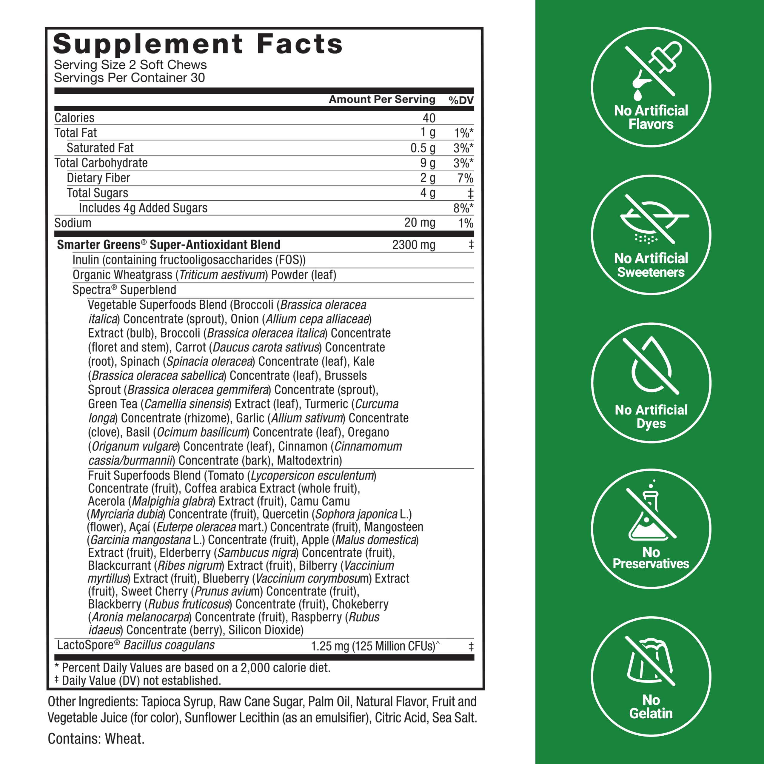 Force Factor Smarter Greens Soft Chews probiotic label emphasizing gut-friendly support.