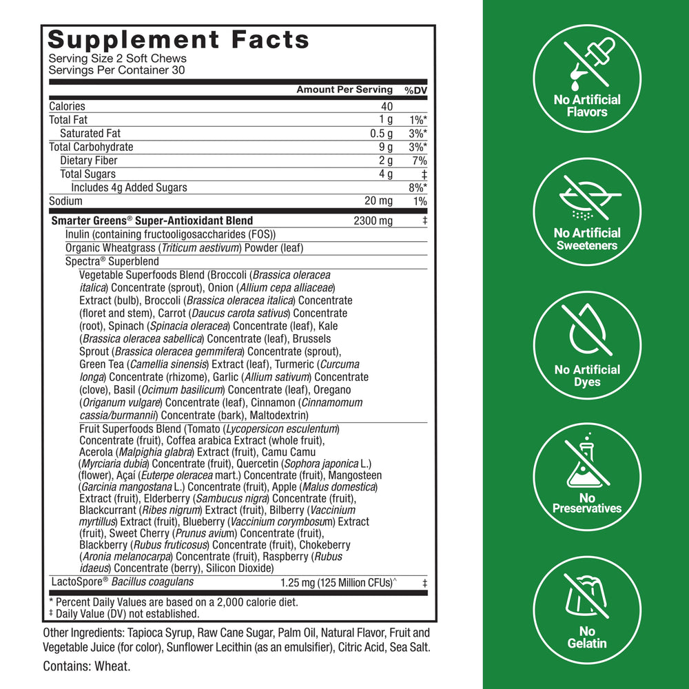 Force Factor Smarter Greens Soft Chews probiotic label emphasizing gut-friendly support.