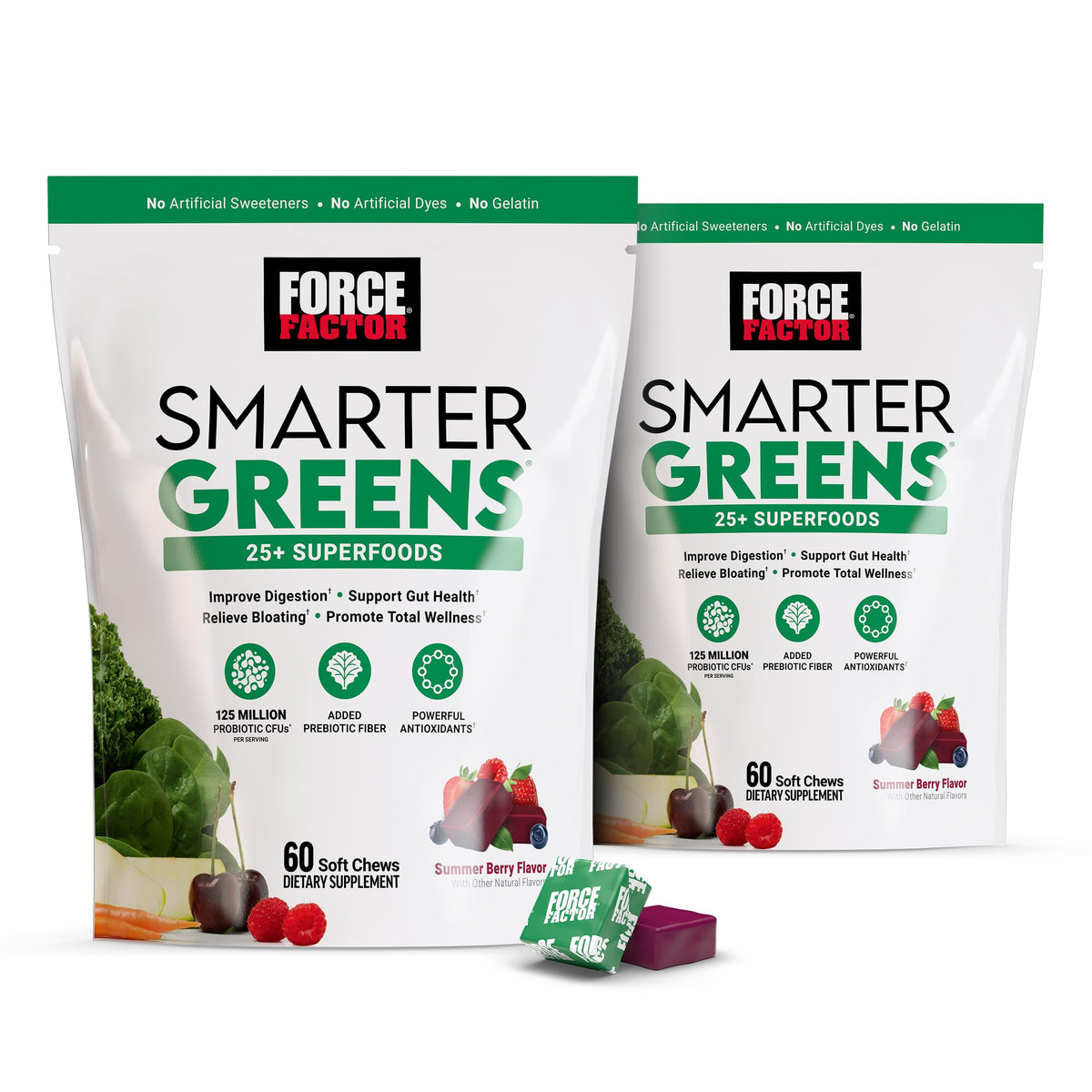 Force Factor Smarter Greens Soft Chews tub front for convenient daily greens support.