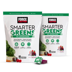 Force Factor Smarter Greens Soft Chews tub front for convenient daily greens support.