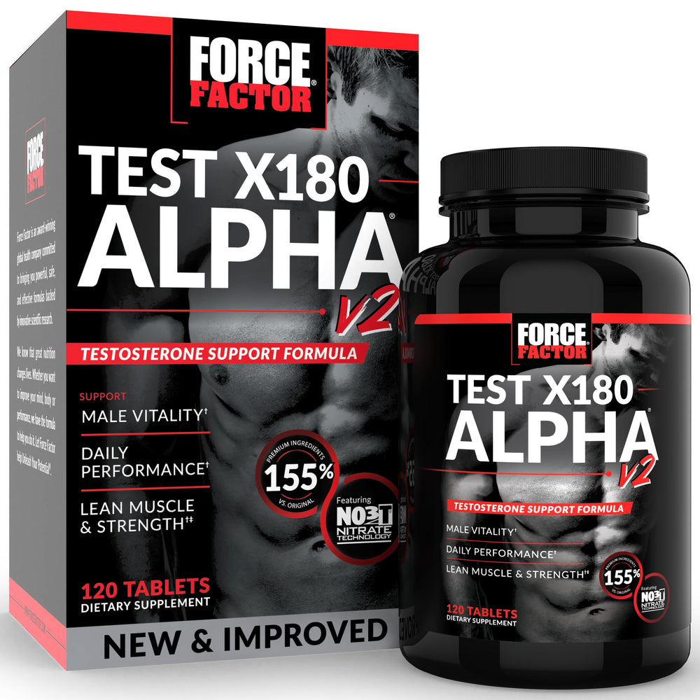 Force Factor Test X180 Alpha V2 bottle with capsules ready for daily training use.