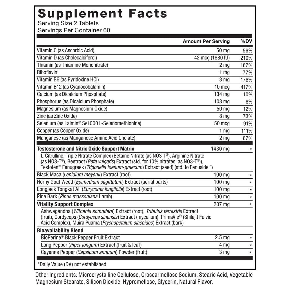 Packaging front of Force Factor Test X180 Alpha V2 emphasizing male vitality formula.