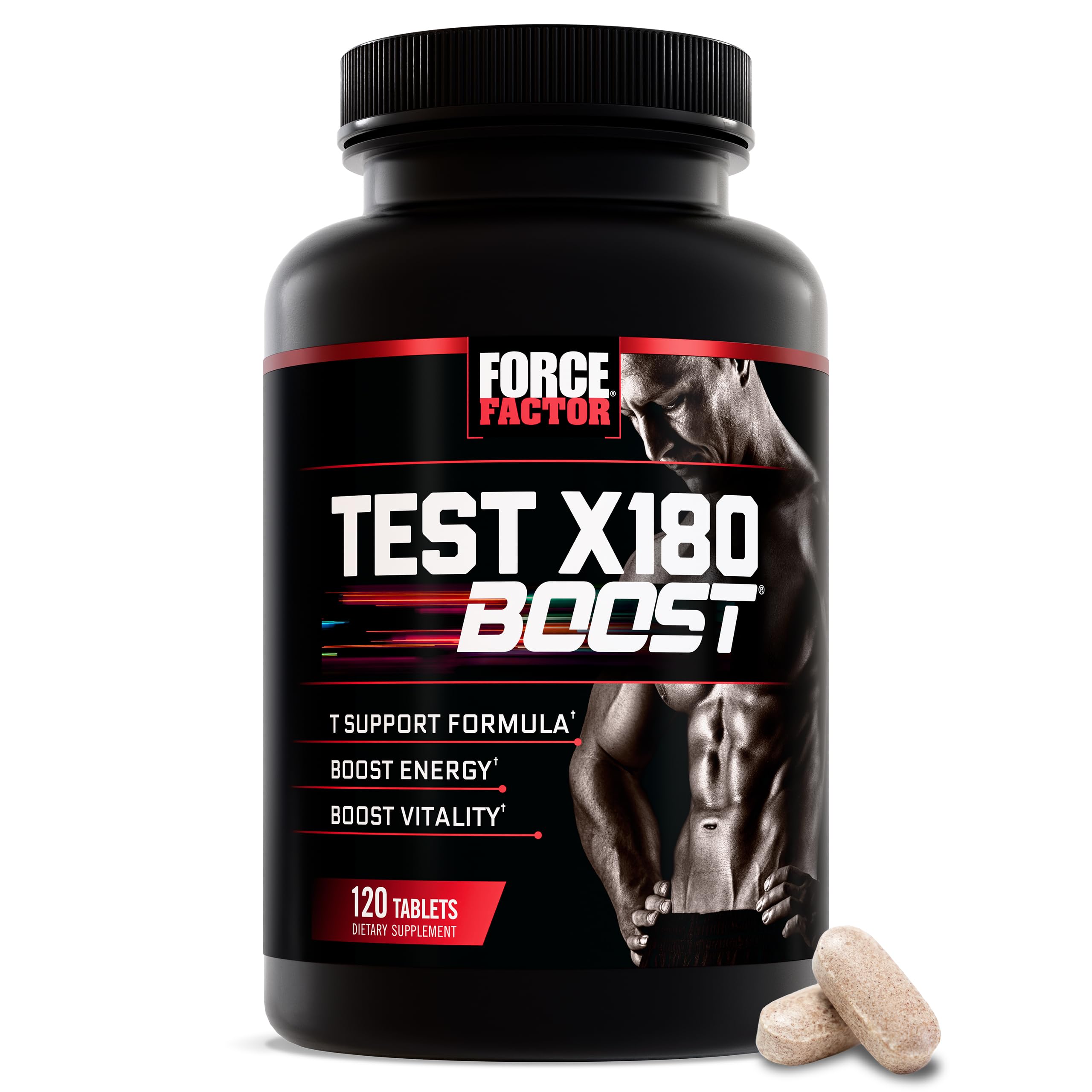Force Factor Test X180 Boost bottle close-up highlighting energy support.