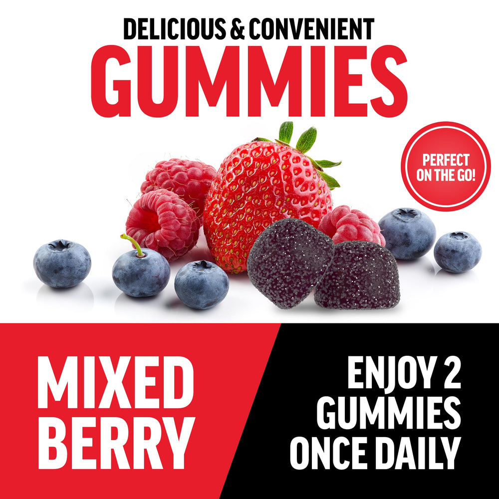 Open bottle with gummies emphasizes convenient daily energy support.