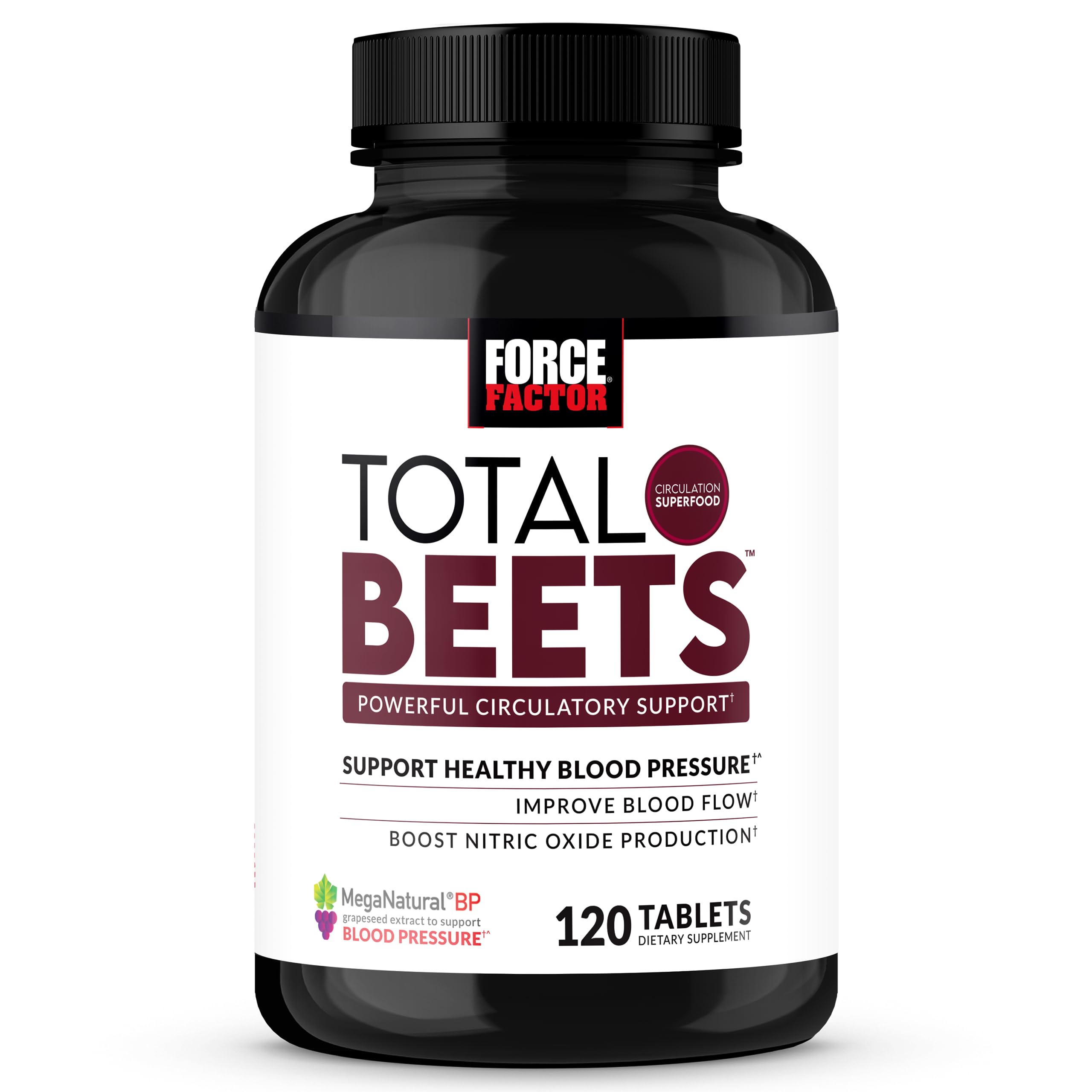 Force Factor Total Beets bottle front view highlighting beet root and grape seed extract