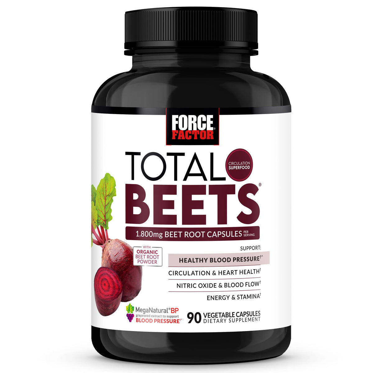 Force Factor Total Beets bottle front displays label for circulation support.