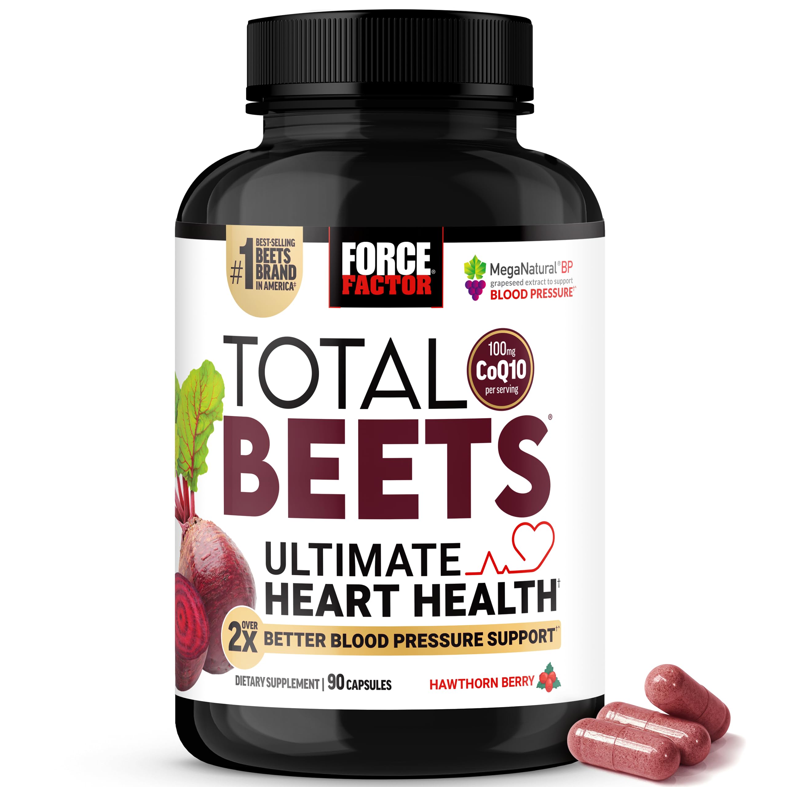 Force Factor Total Beets bottle highlighting beet root for circulation support.