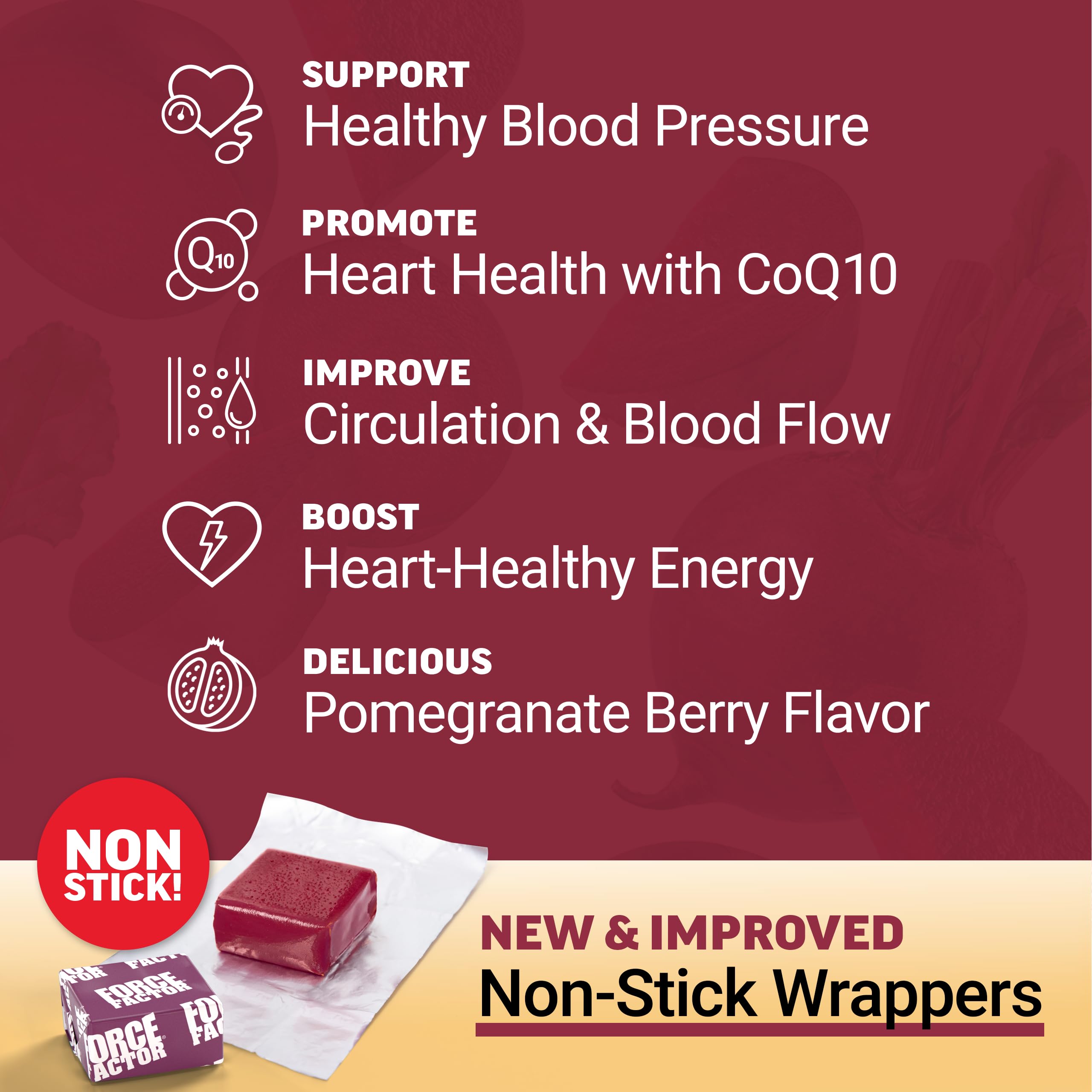 Force Factor Total Beets chews close-up showing chewy texture for daily heart wellness