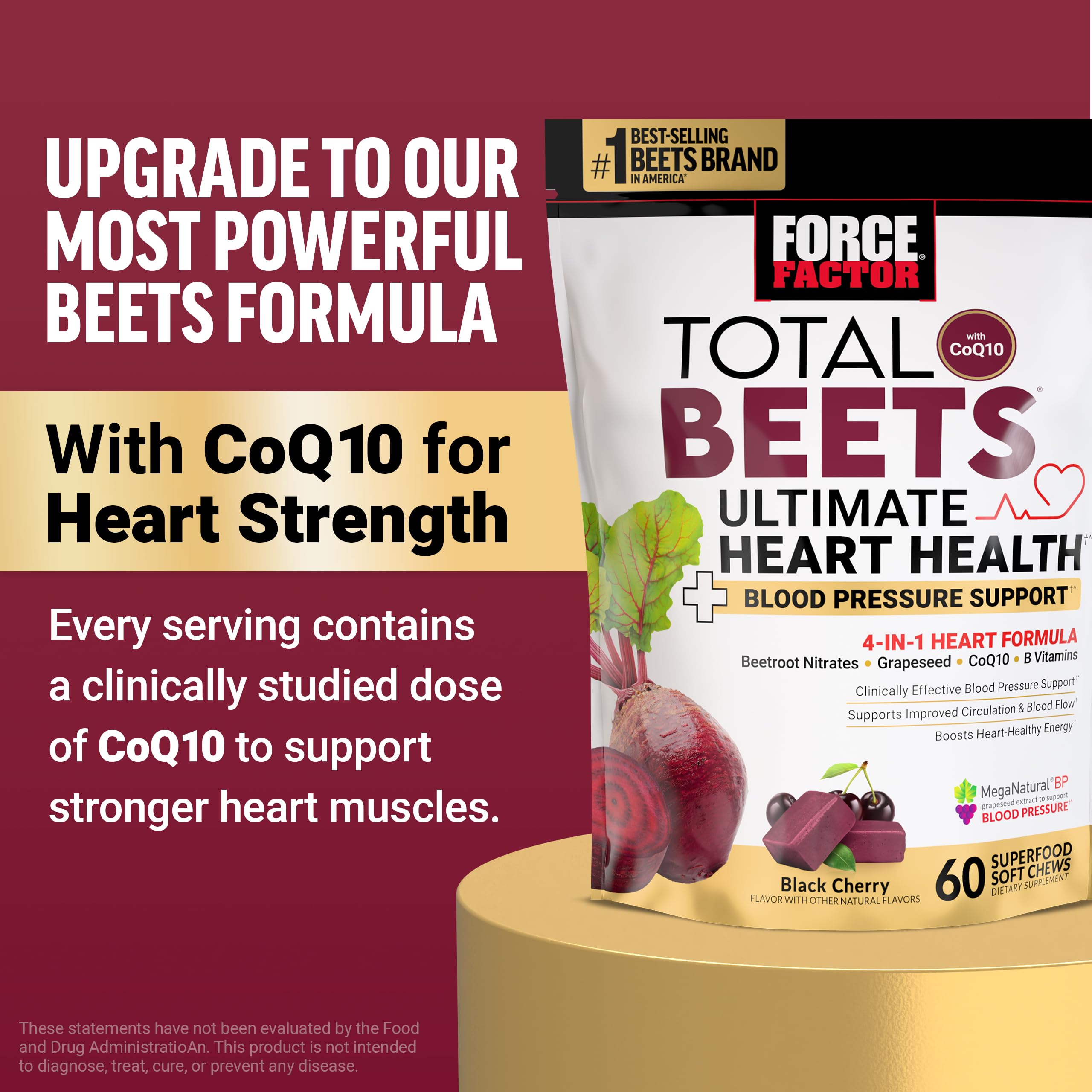 Force Factor Total Beets Gummies on a counter beside a measuring cup for daily use.