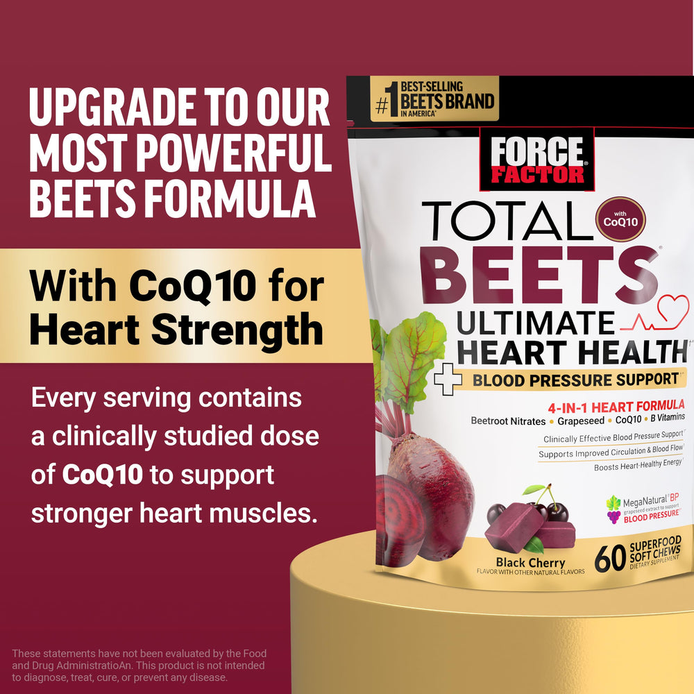 Force Factor Total Beets Gummies on a counter beside a measuring cup for daily use.