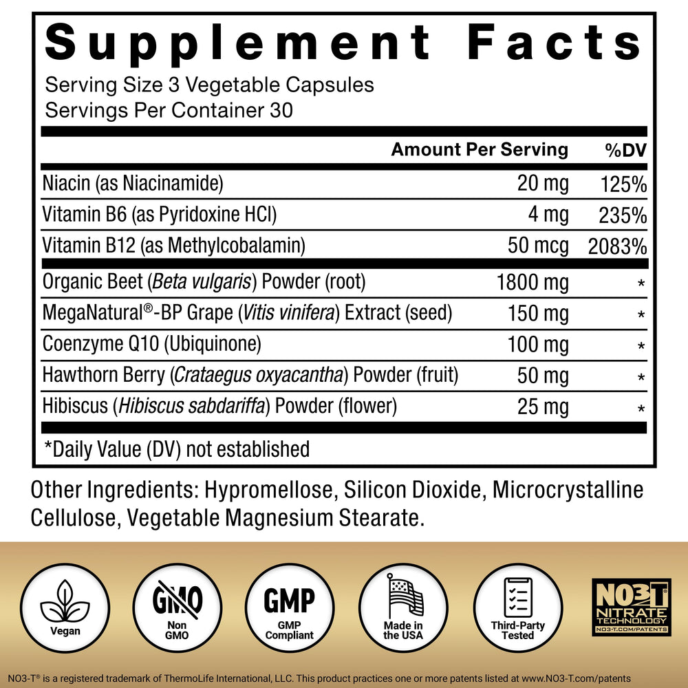 Force Factor Total Beets label notes B vitamins for stimulant-free heart energy production.