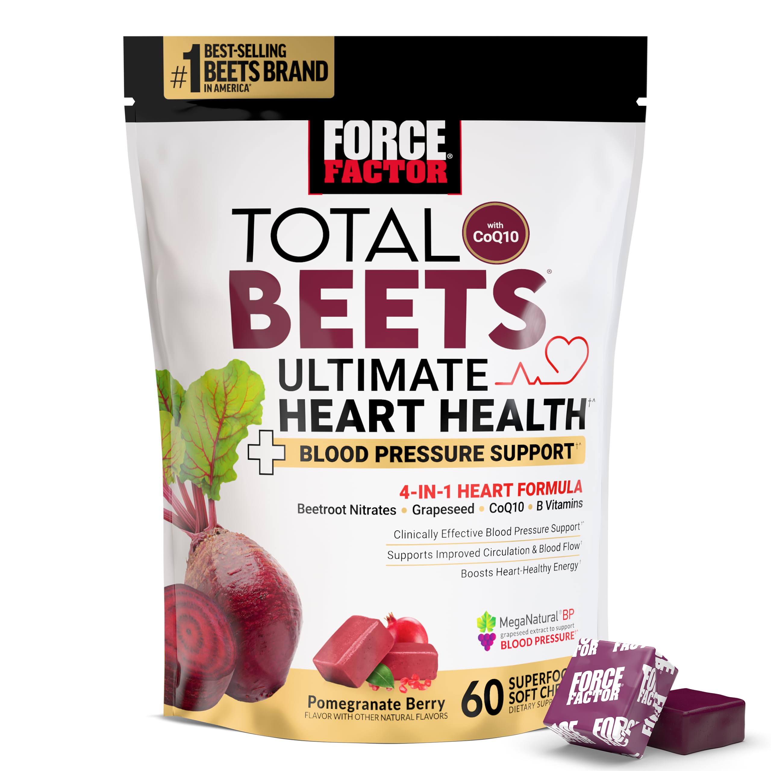 Force Factor Total Beets Heart Health chews bottle showing convenient daily heart support