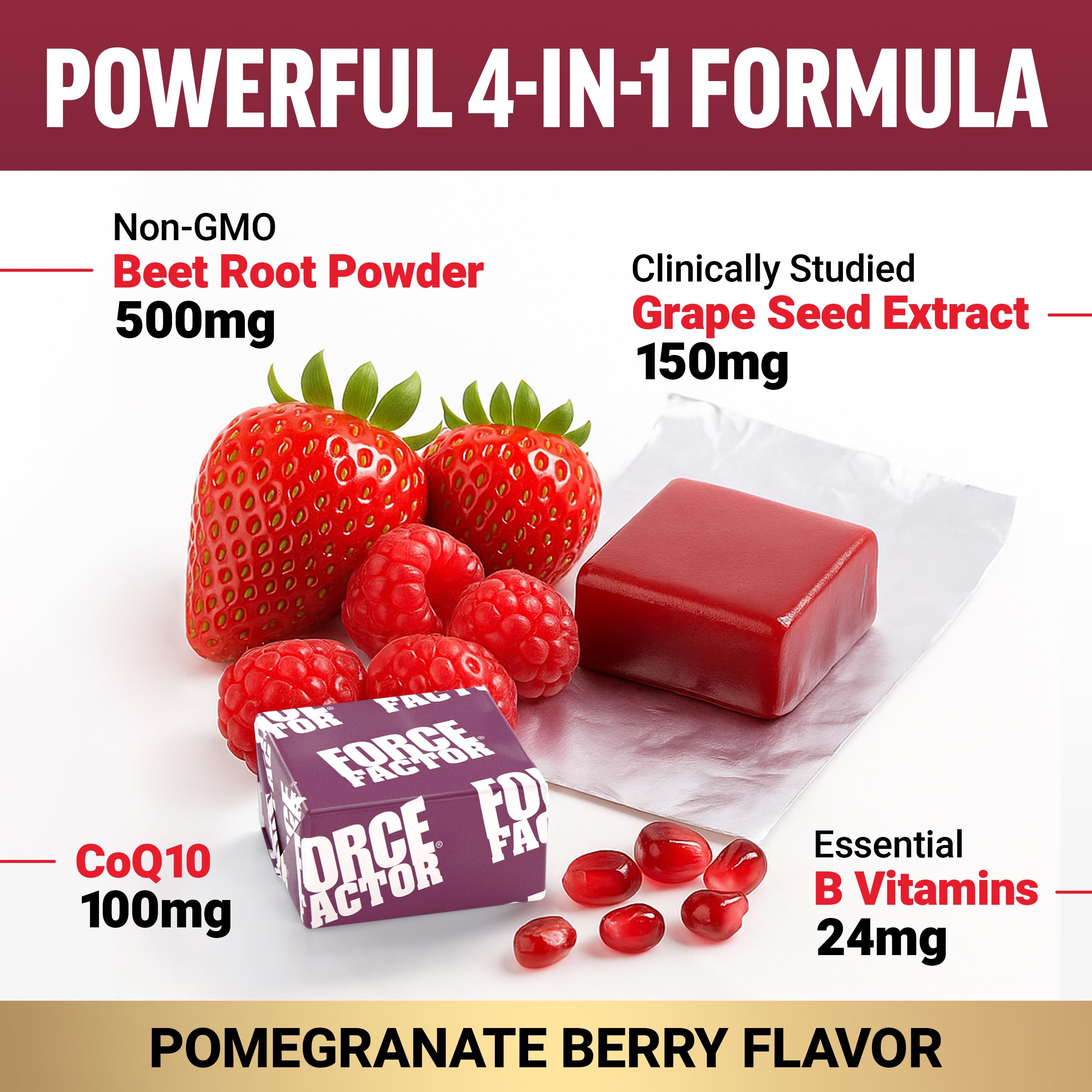 Force Factor Total Beets Heart Health chews CoQ10 panel emphasizing energy support