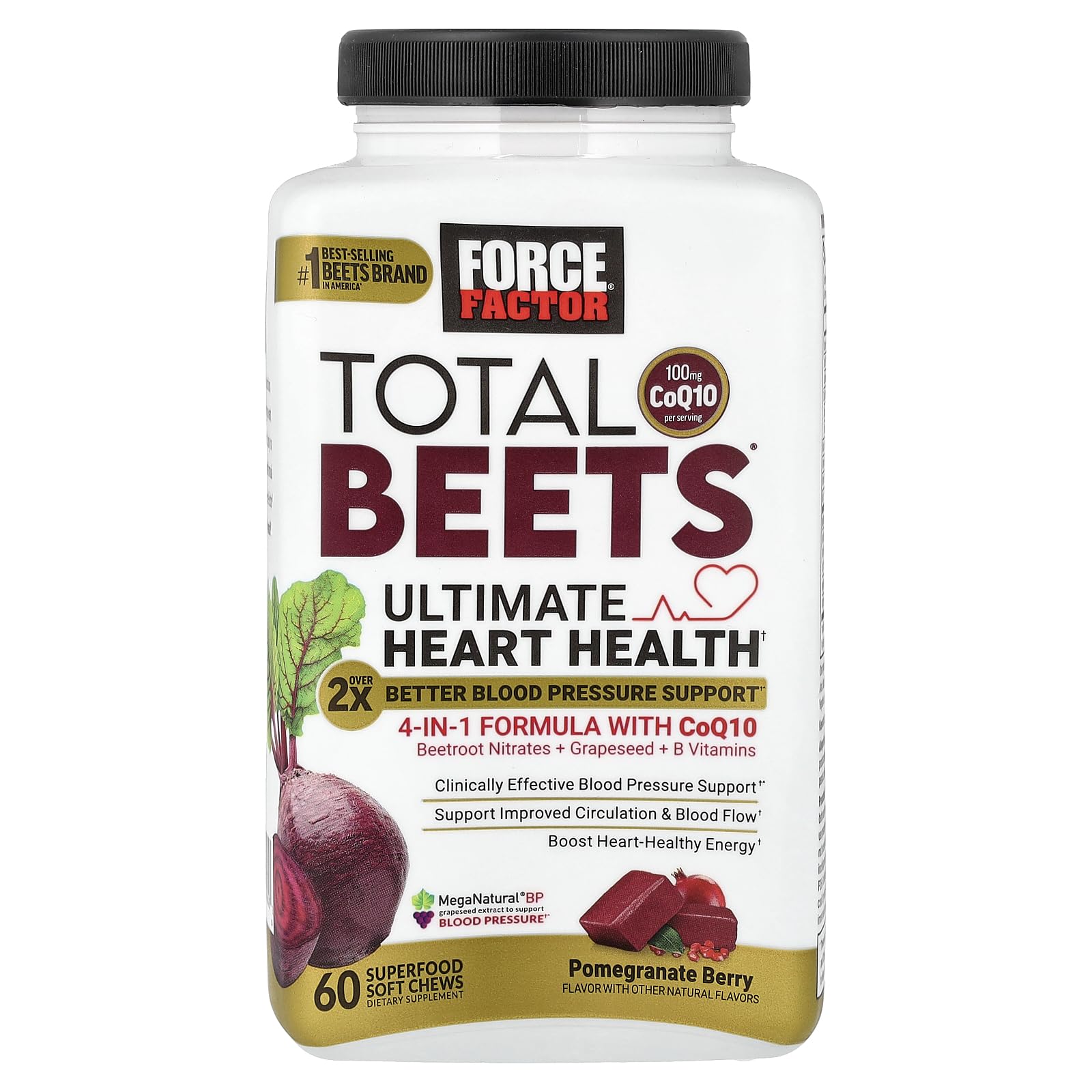 Force Factor Total Beets Heart Health chews label detailing beetroot and grape seed ingredients
