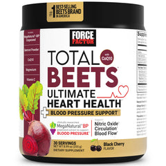 Force Factor Total Beets label close-up highlighting CoQ10 for heart-friendly circulation.