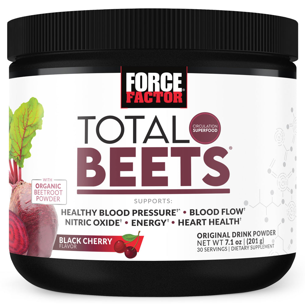 Force Factor Total Beets powder front-tub shows premium beetroot formula for daily circulation support.