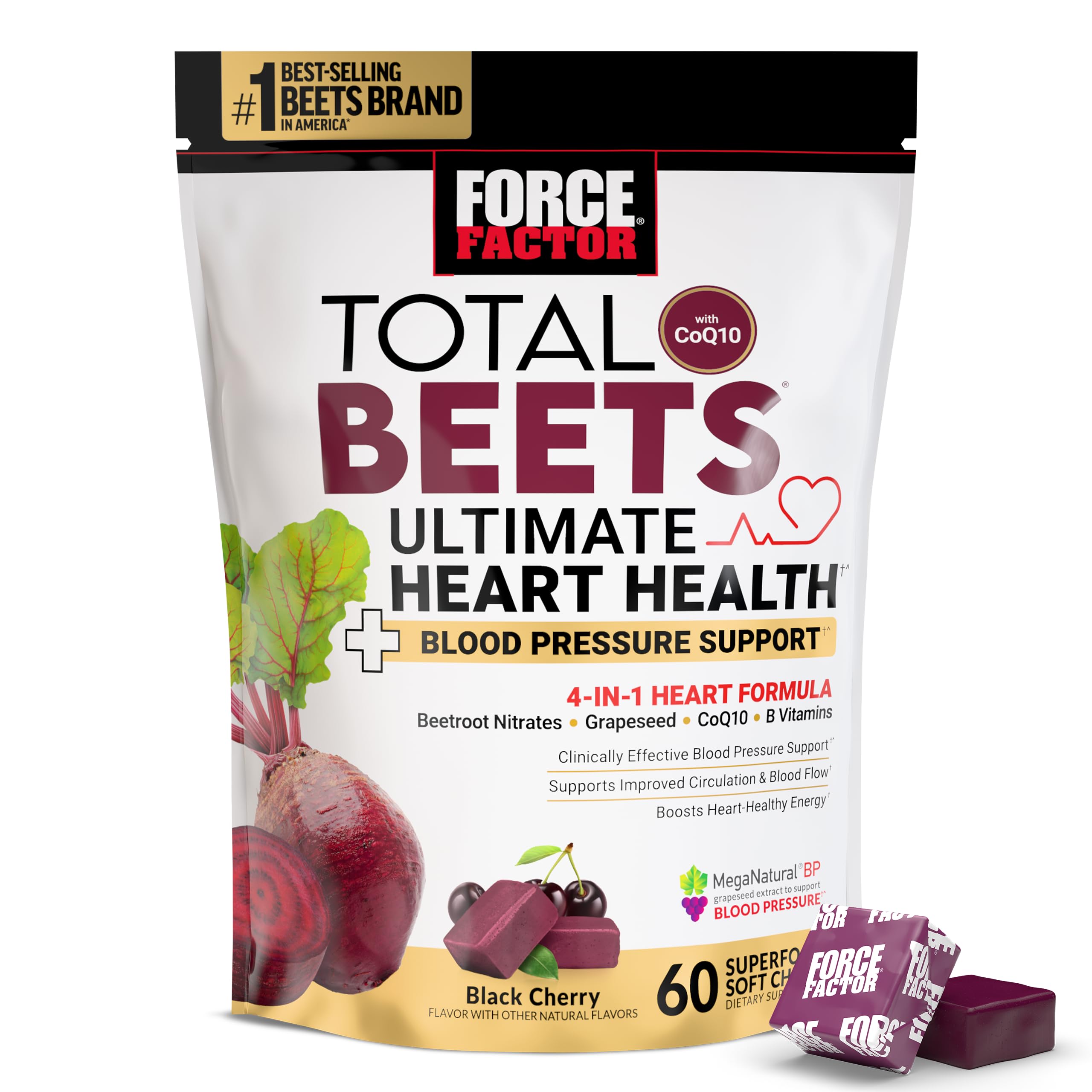 Force Factor Total Beets soft chews bottle shown for convenient heart health support.