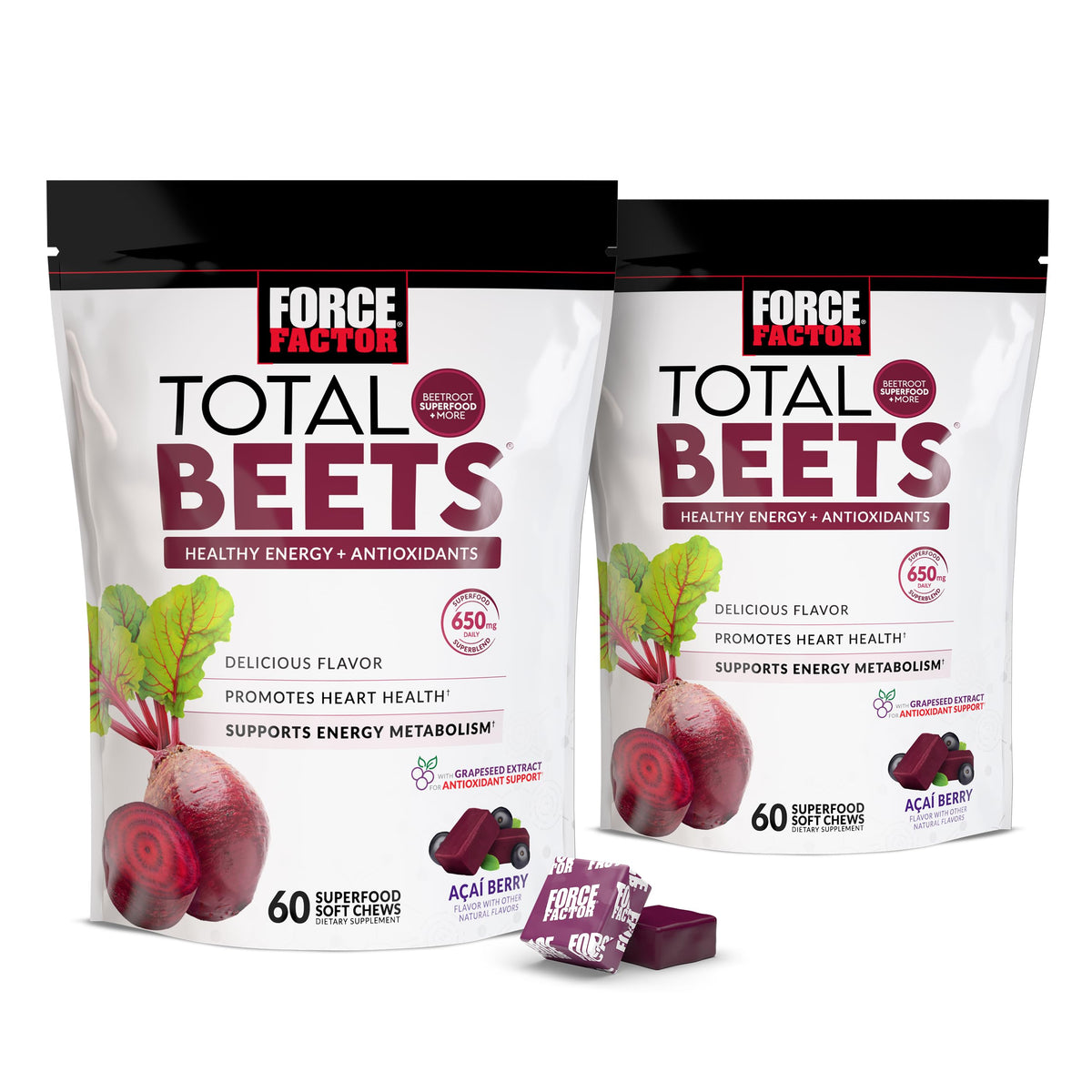 Force Factor Total Beets soft chews in a bottle highlight a heart-healthy energy option