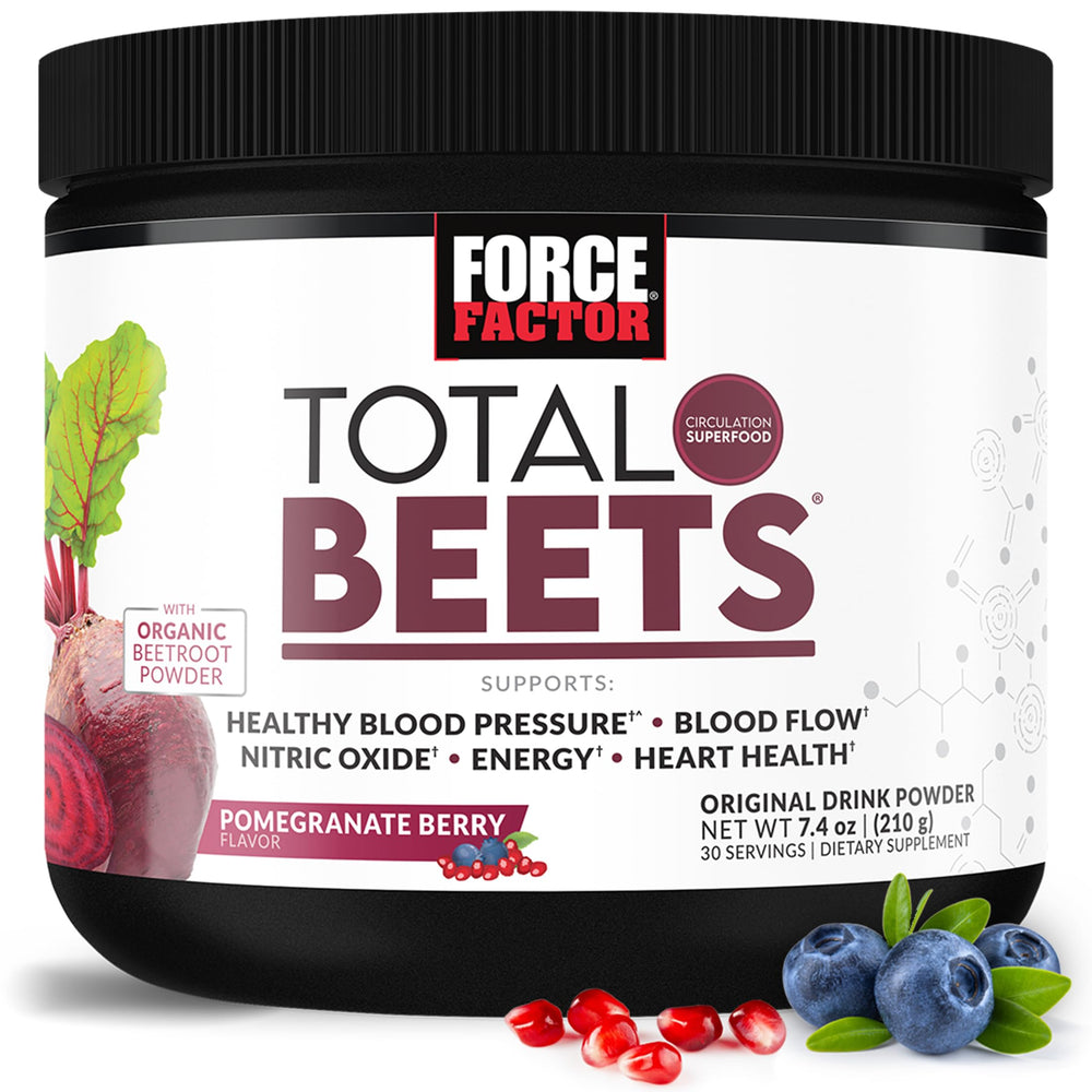 Force Factor Total Beets powder tub front highlights natural beetroot for daily energy support.