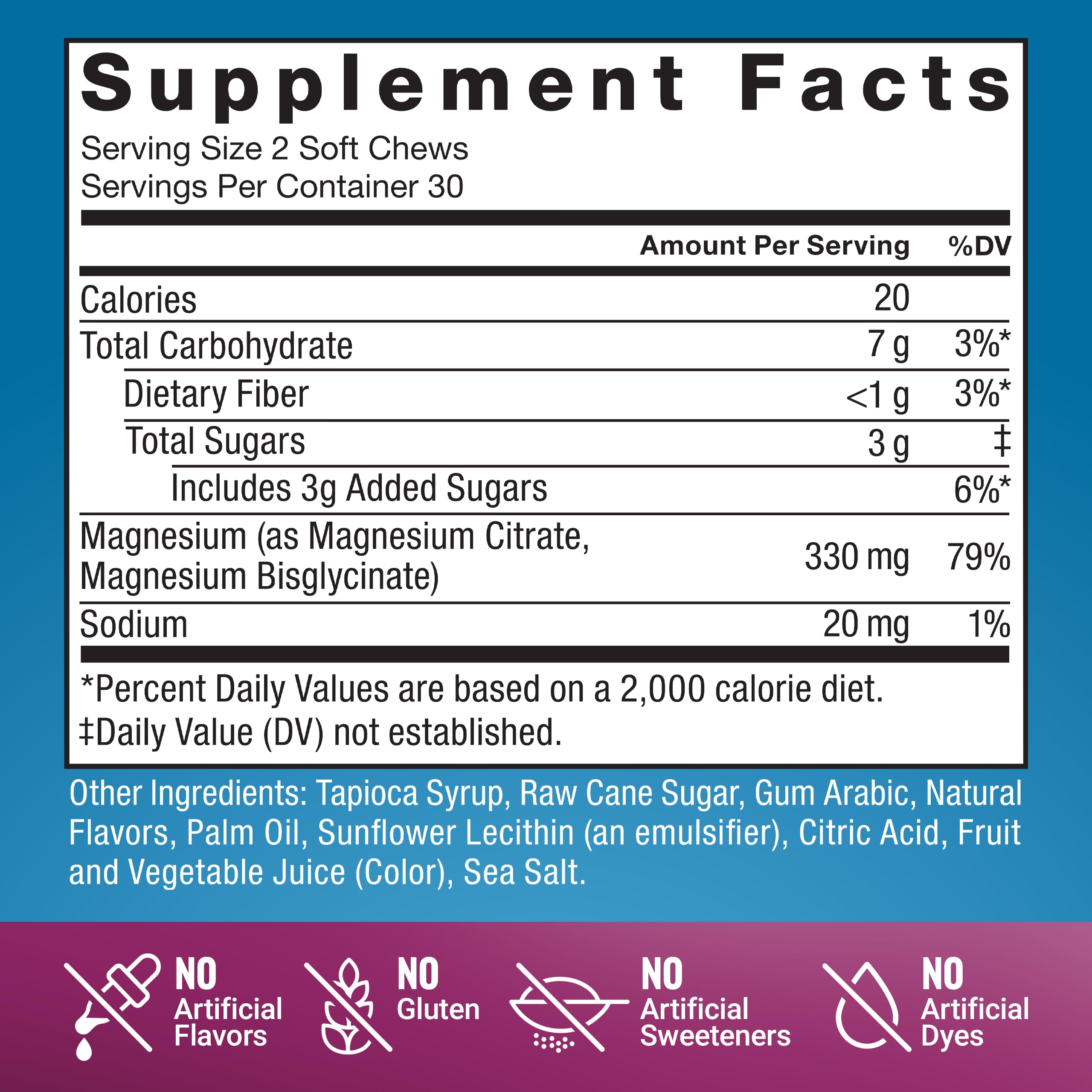 Individually wrapped magnesium soft chews for mess-free convenience.