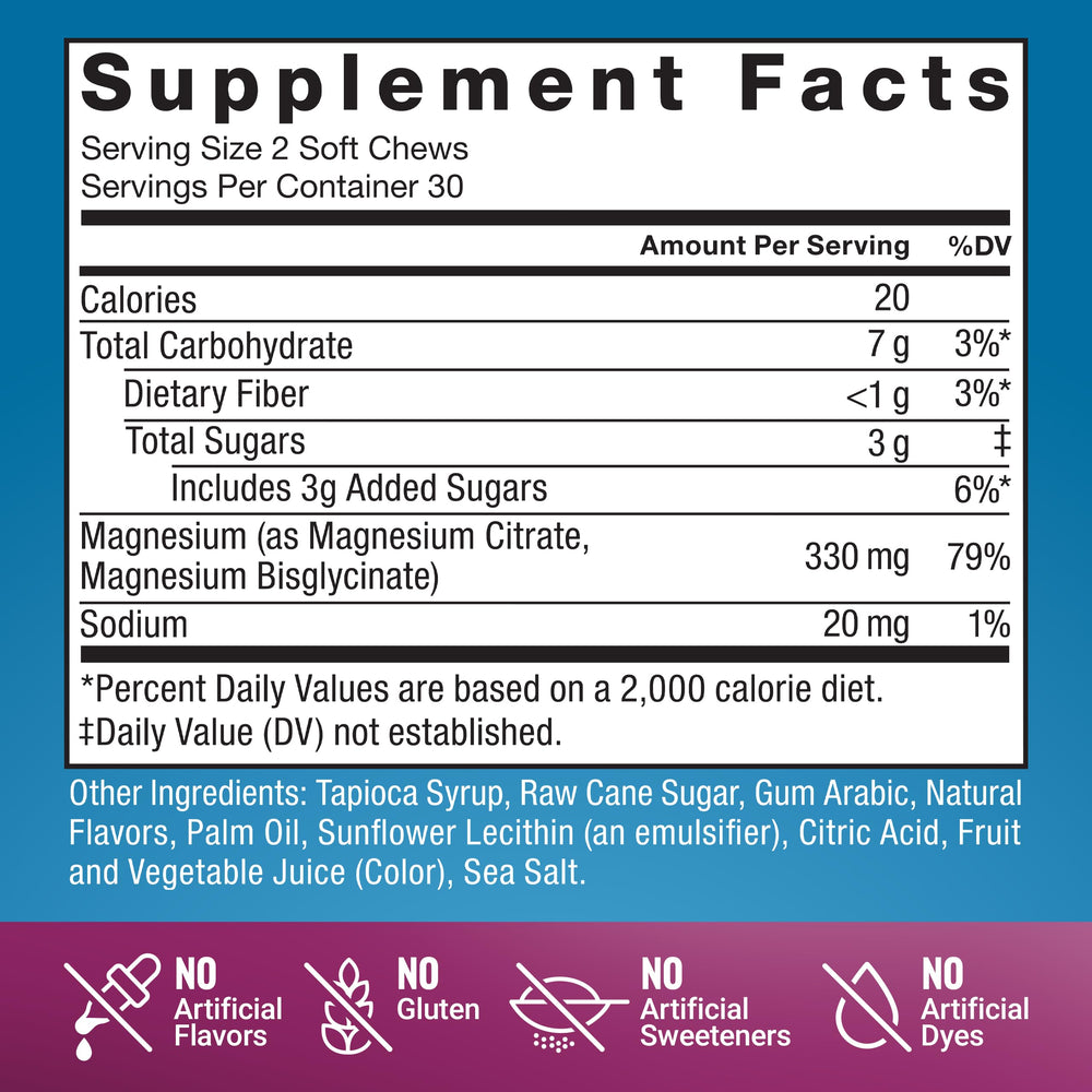 Individually wrapped magnesium soft chews for mess-free convenience.