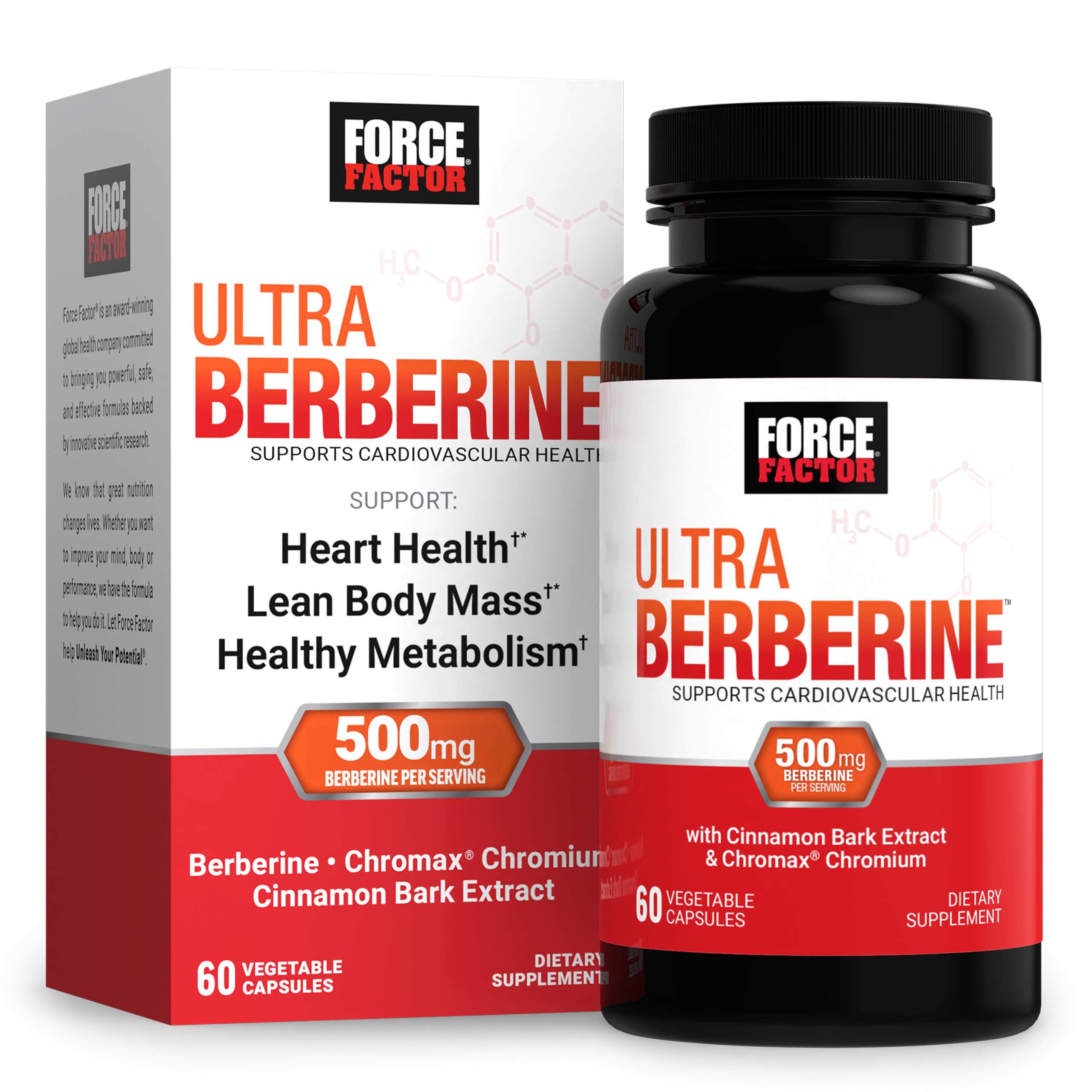 Force Factor Ultra Berberine bottle label highlights 500 mg berberine HCl for daily wellness.