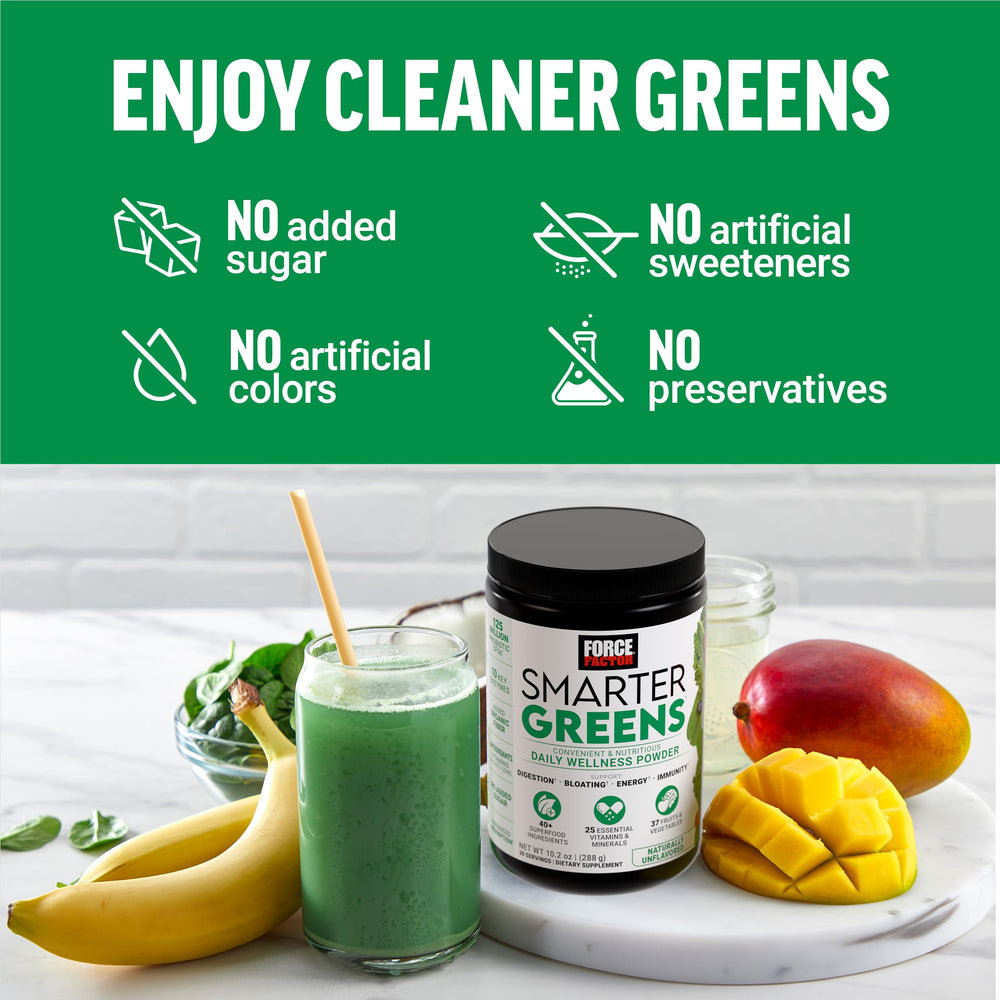Force Factor Smarter Greens daily-use format fits on-the-go routines.