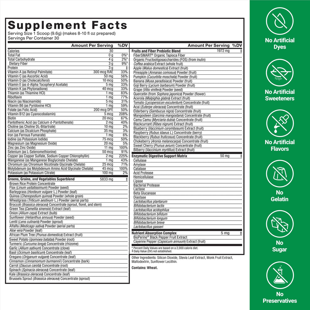 Force Factor Smarter Greens with fruits and vegetables conveys 40+ superfoods.