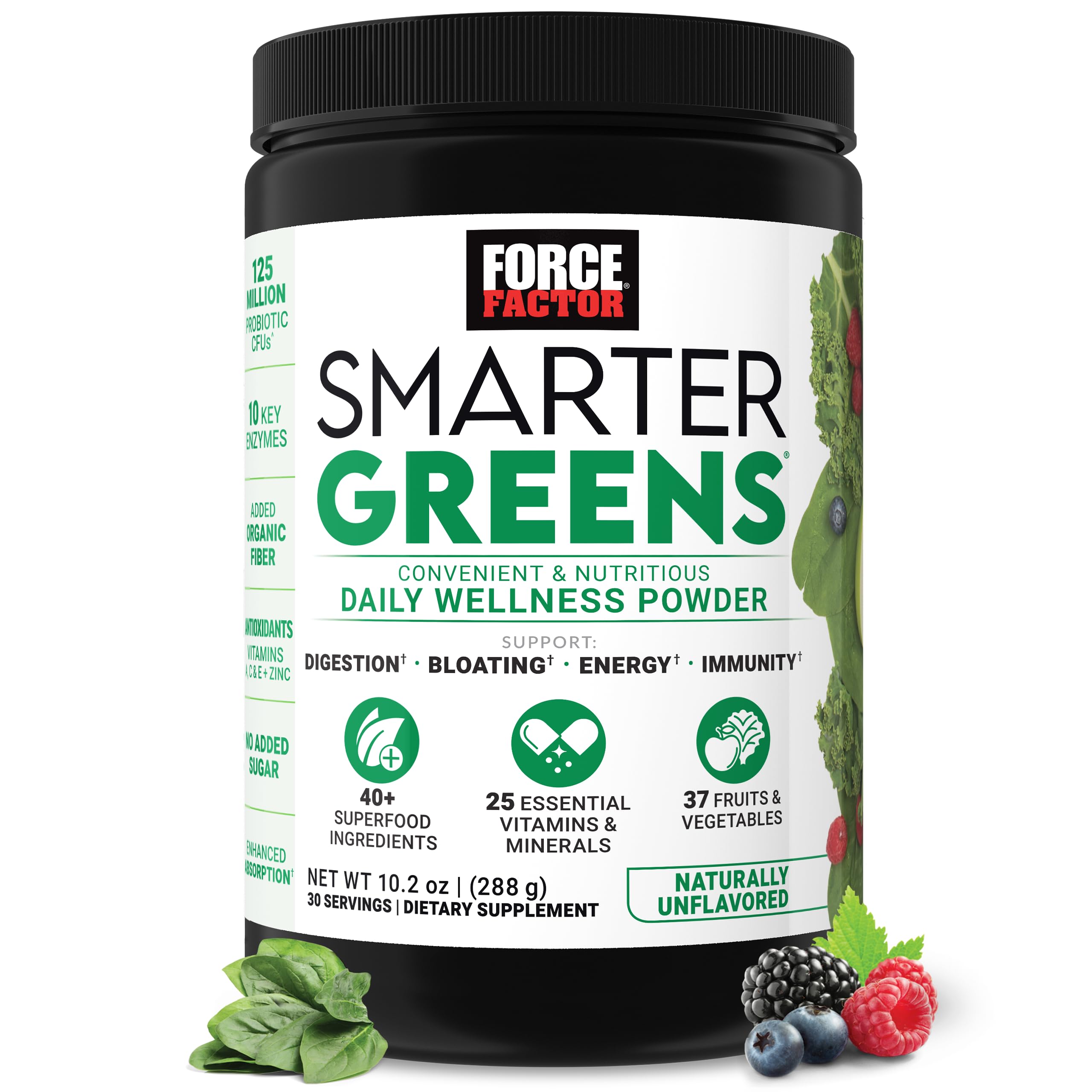 Force Factor Smarter Greens tub label highlights whole-food blend for daily wellness.