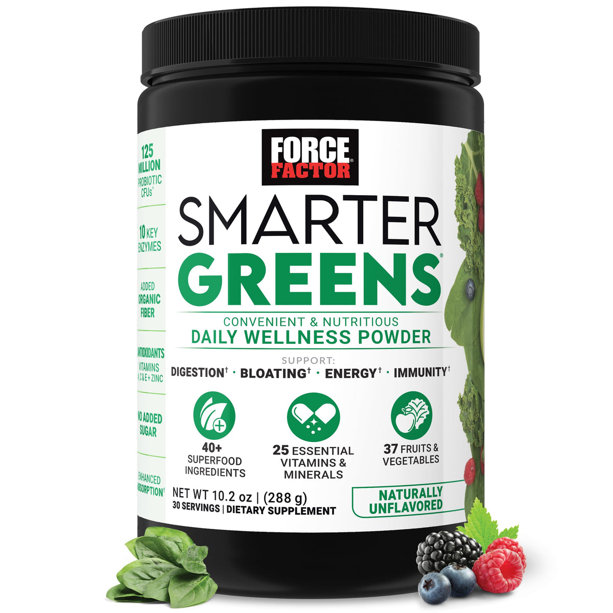 Force Factor Smarter Greens tub label highlights whole-food blend for daily wellness.