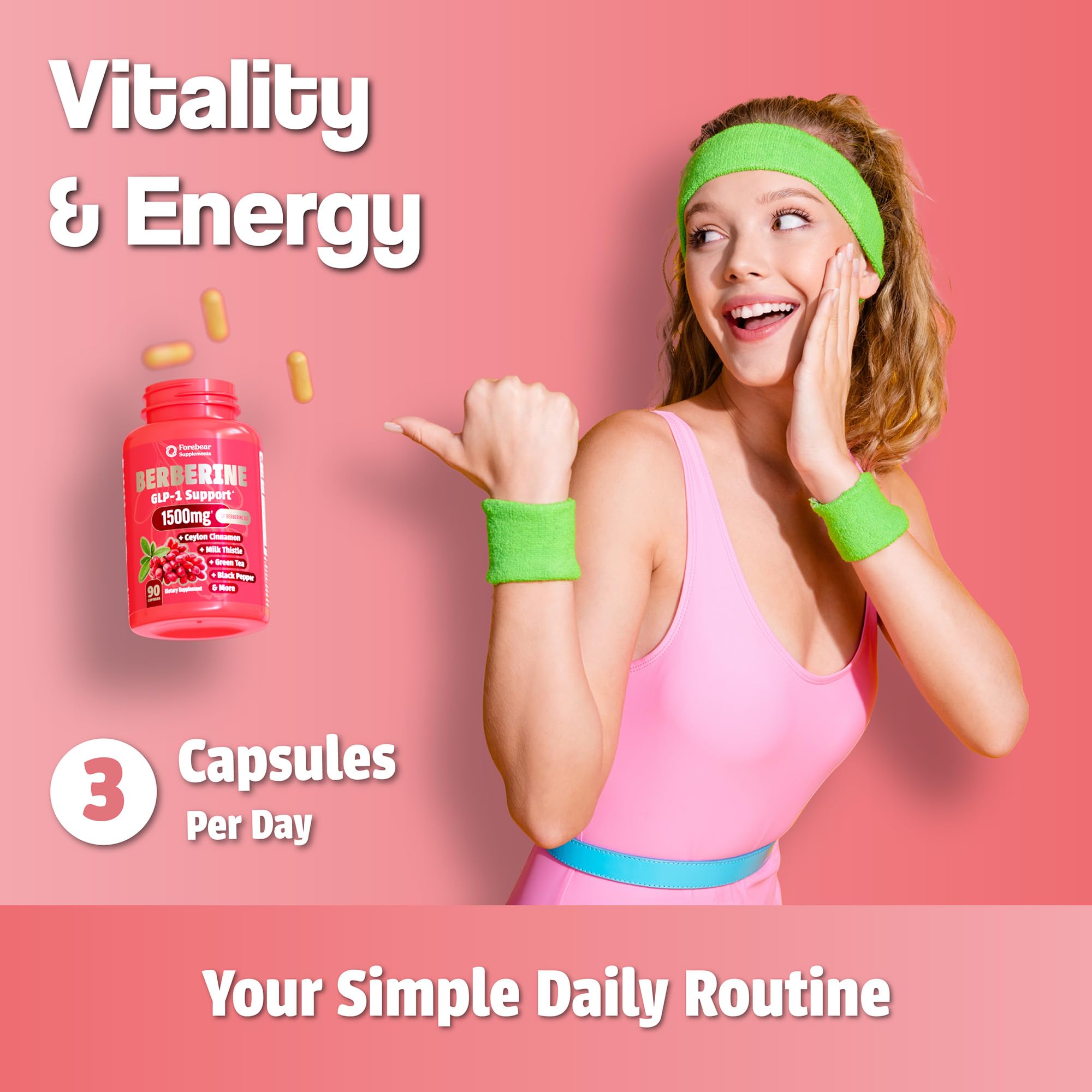 Forebear Berberine 1500mg bottle with imagery of lab testing and potency.