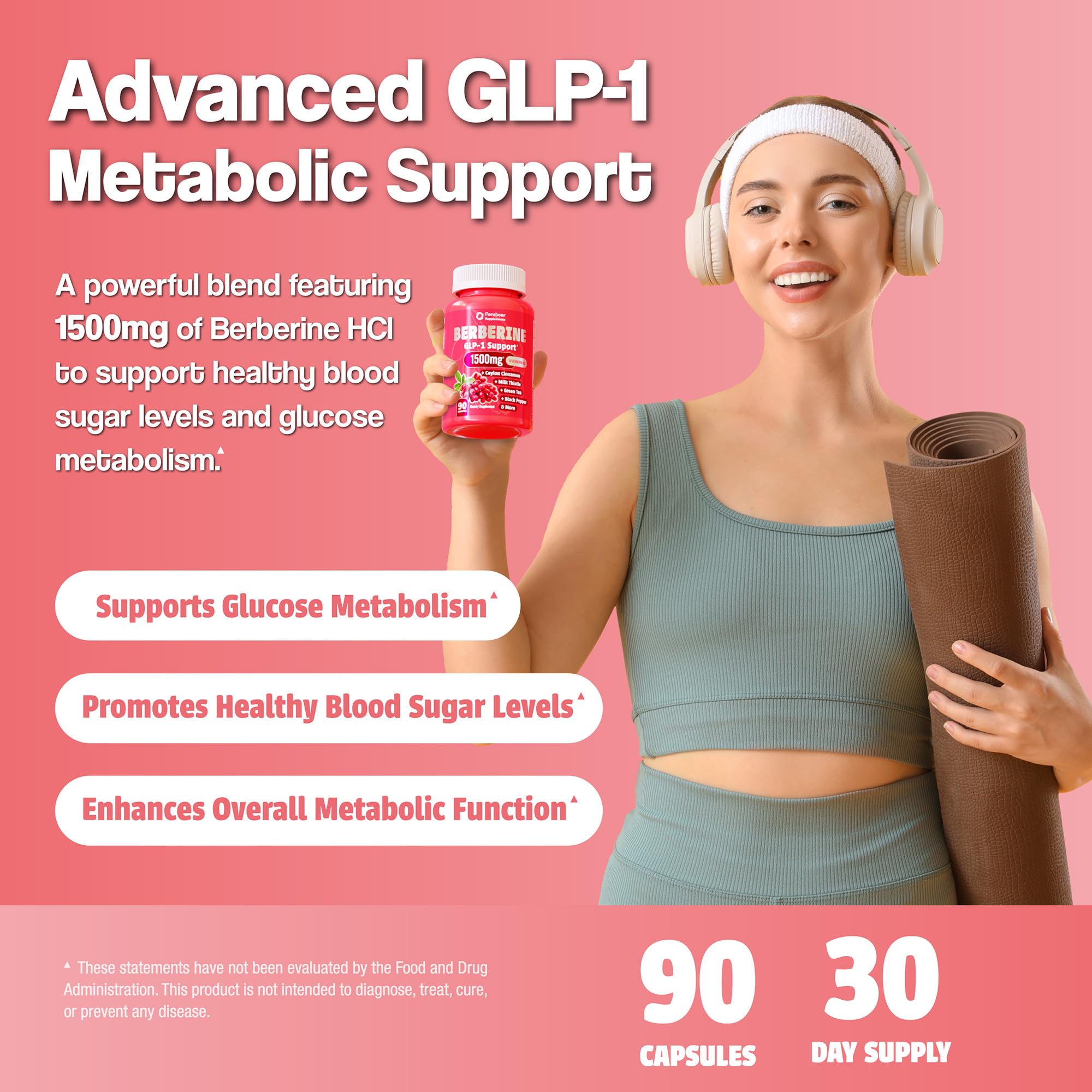 Forebear Berberine 1500mg bottle highlights GLP-1 support potential for weight management.