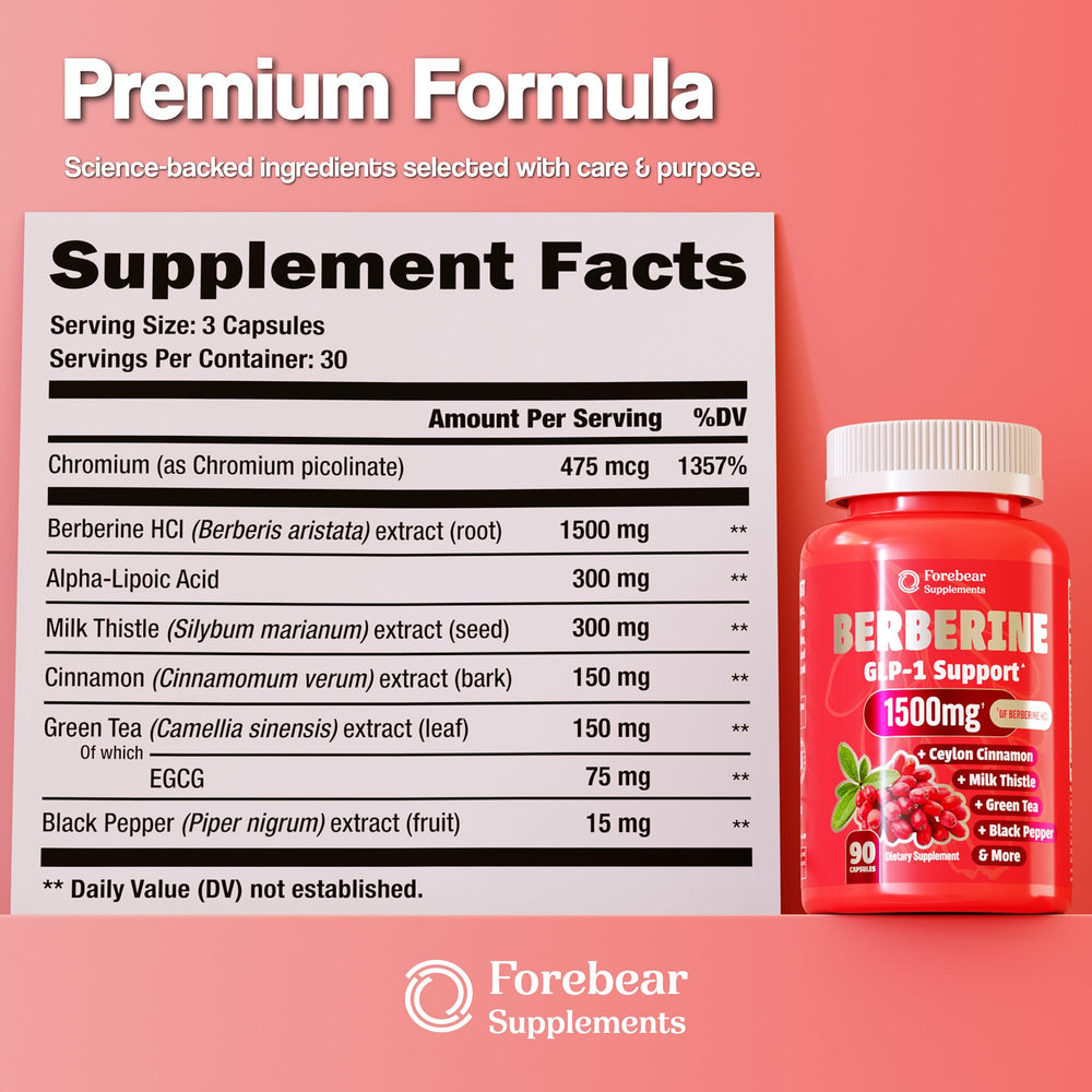 Forebear Berberine 1500mg bottle pouring capsules for daily use to curb cravings.