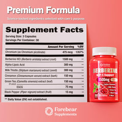 Forebear Berberine 1500mg bottle pouring capsules for daily use to curb cravings.