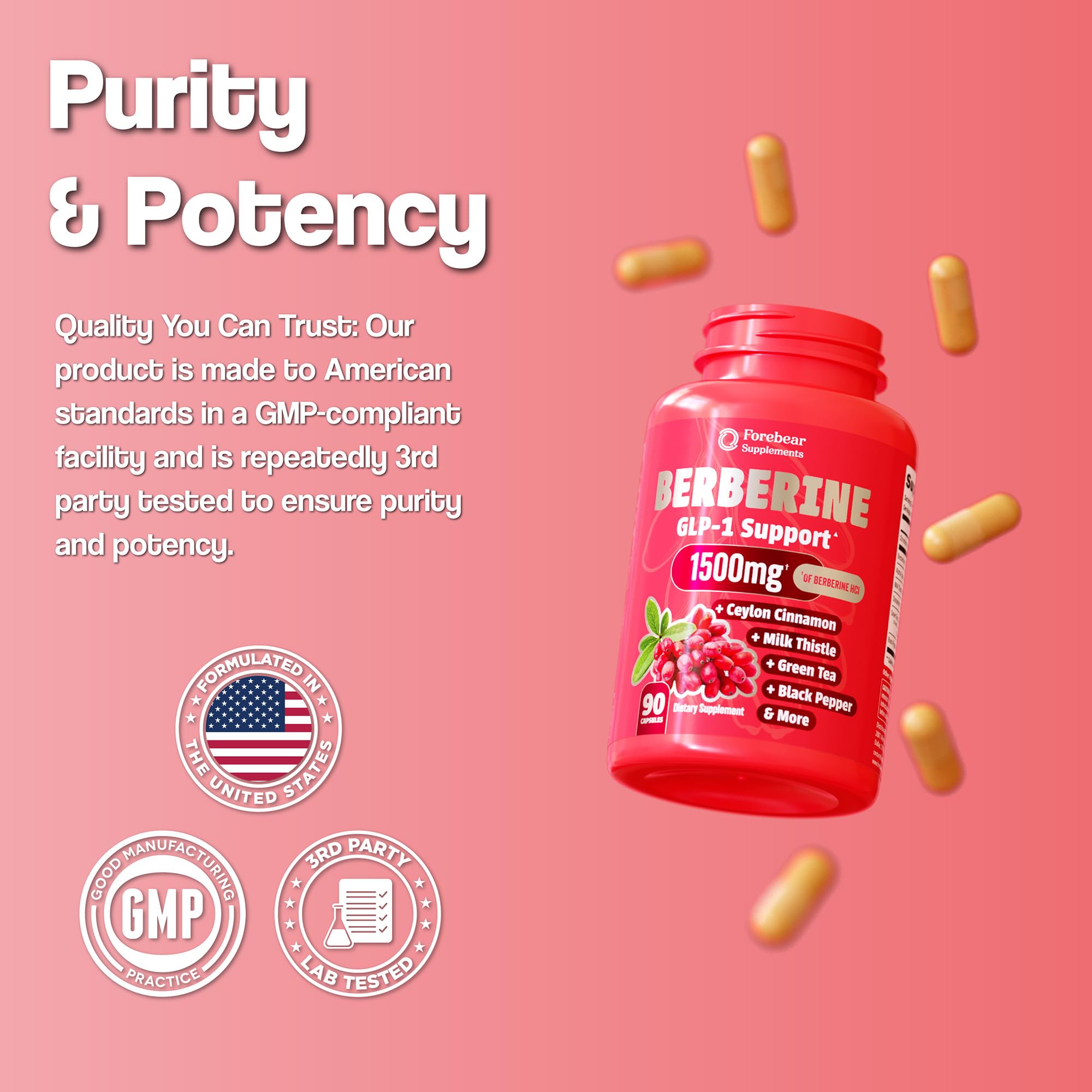Forebear Berberine 1500mg capsules beside cinnamon and green tea imagery for appetite control.