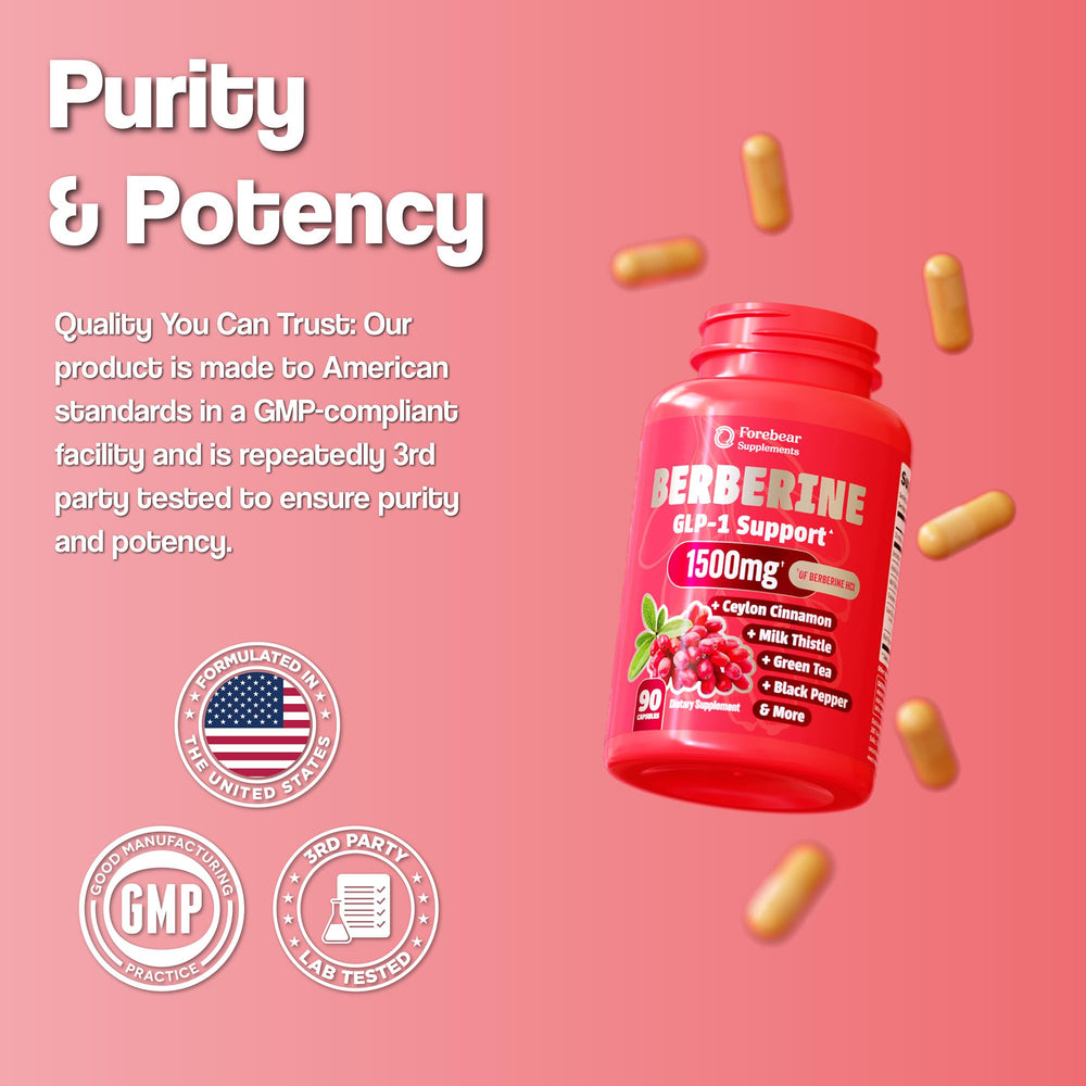Forebear Berberine 1500mg capsules beside cinnamon and green tea imagery for appetite control.