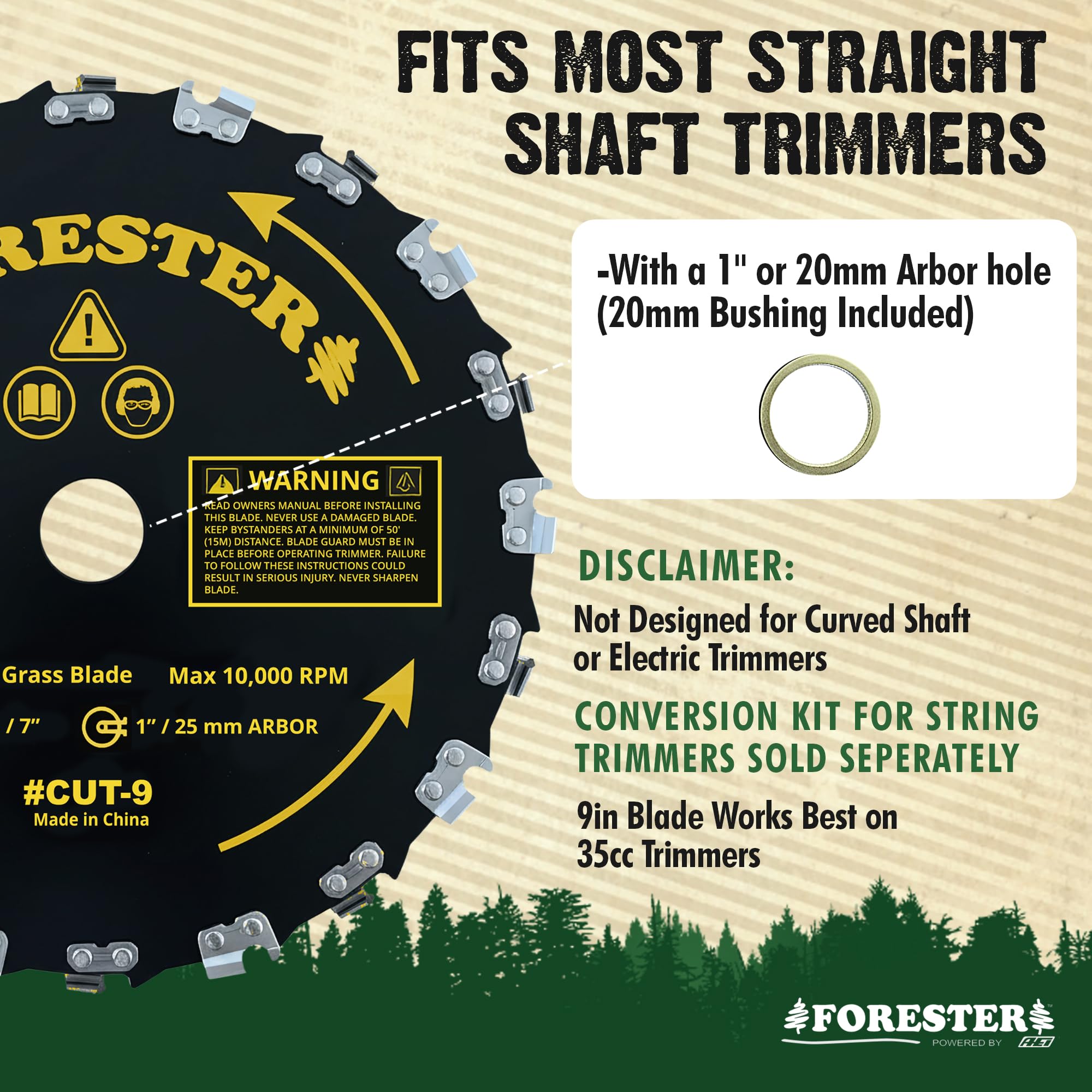 FORESTER brush cutter blade assembly for easy installation on straight shaft trimmers.