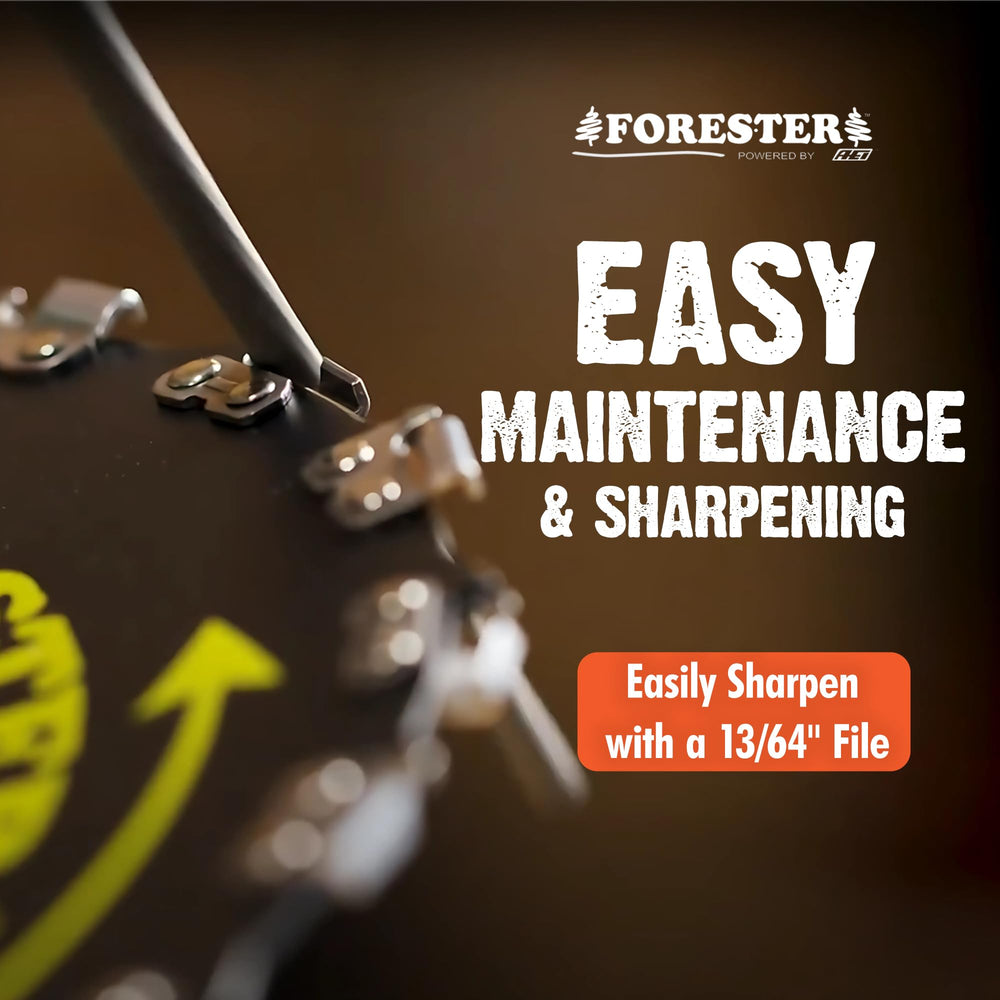 FORESTER included file 13/64 sharpening tool keeps teeth sharp for longer work sessions.