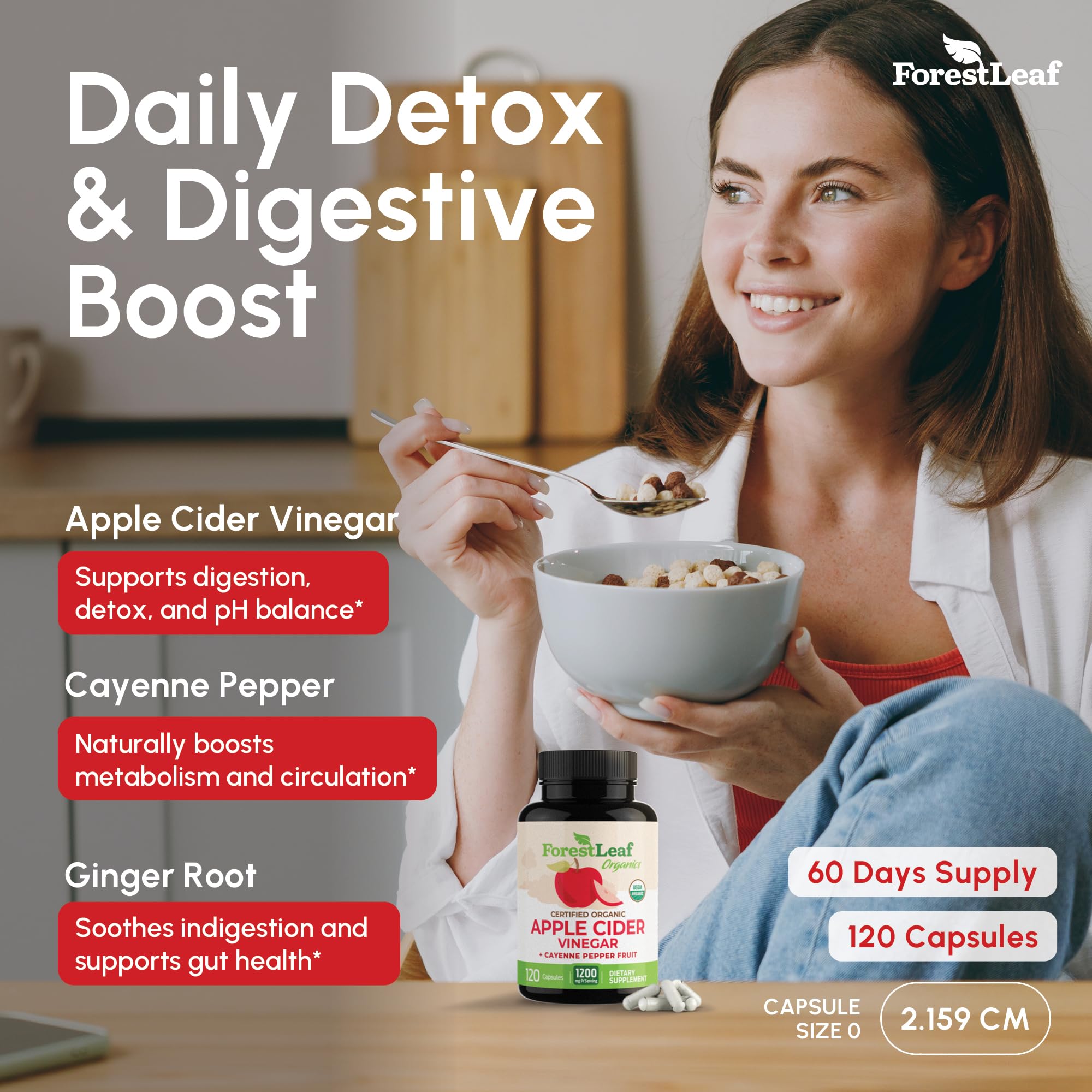 ForestLeaf ACV capsules bottle stack showcases potency and ingredient clarity