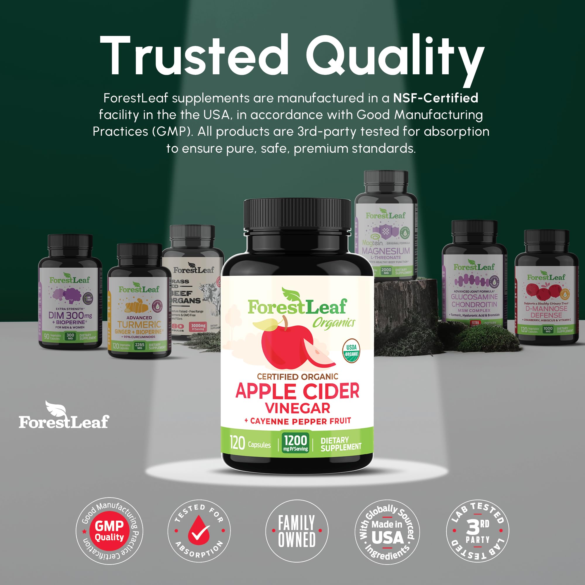 ForestLeaf ACV capsules ginger and cayenne bottle focuses on metabolism support